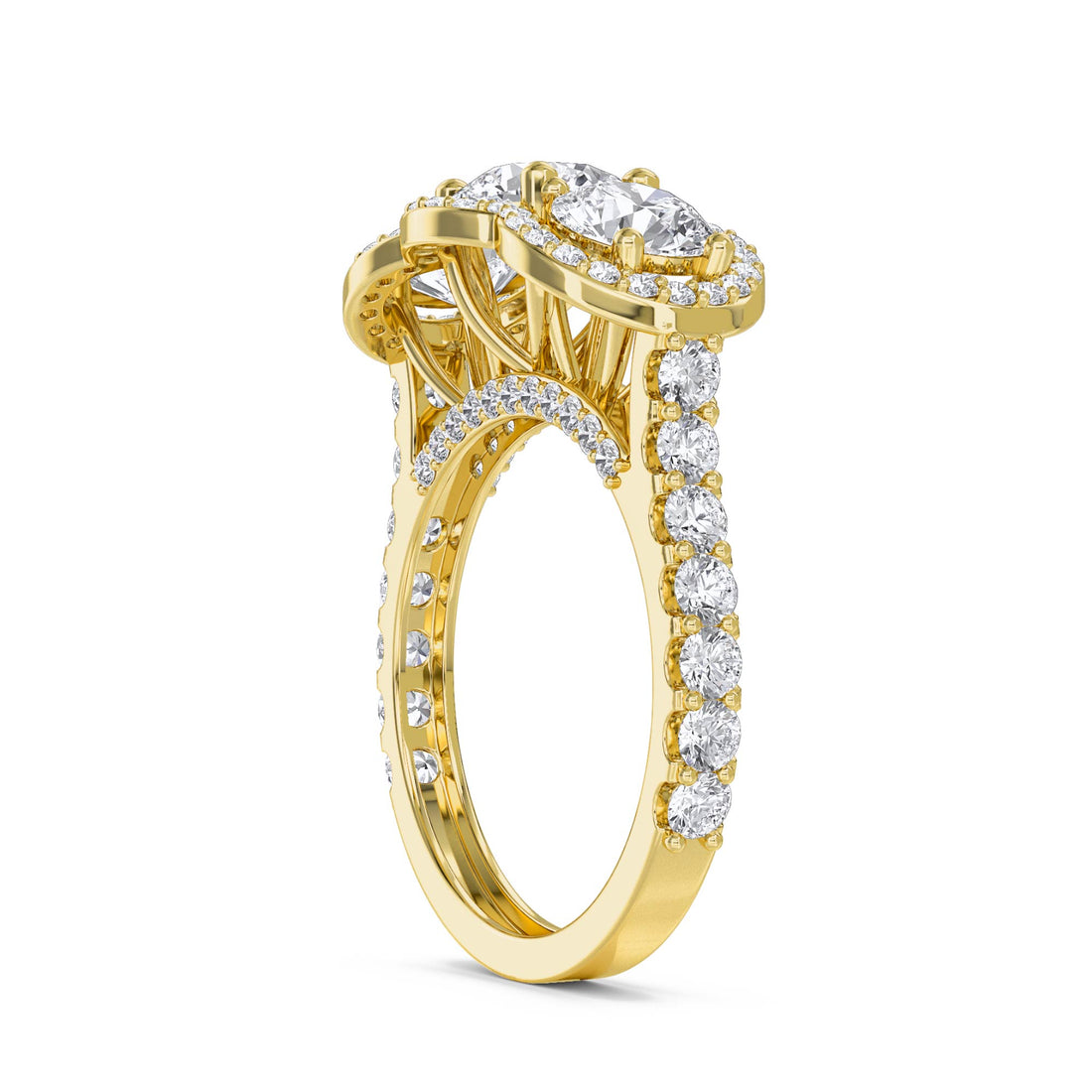 Three Stone Round Diamond Ring with Scalloped Halo - Yellow Gold - Pose 2