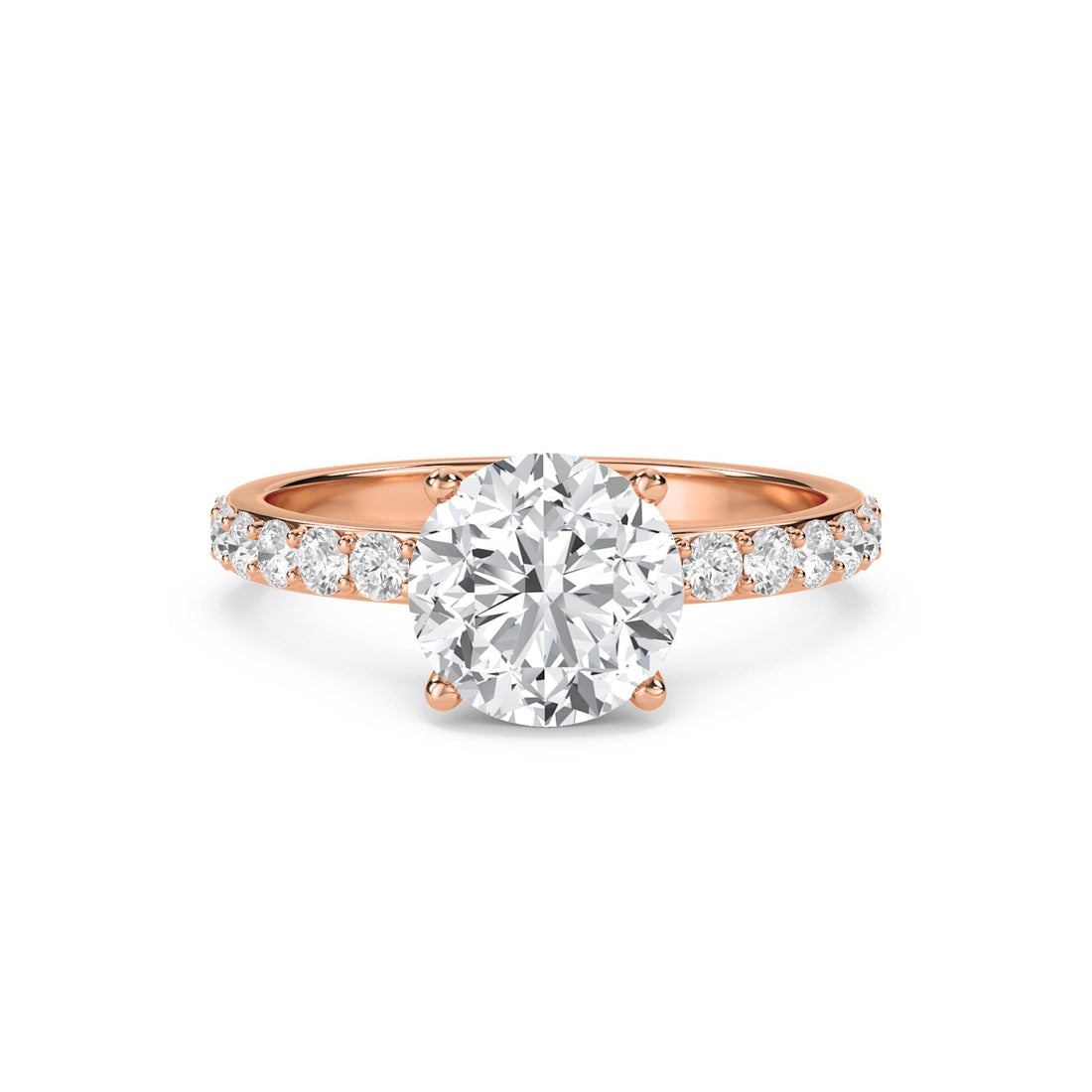 Classic Round Solitaire Ring with Pavé Band - Rose Gold - Pose 1