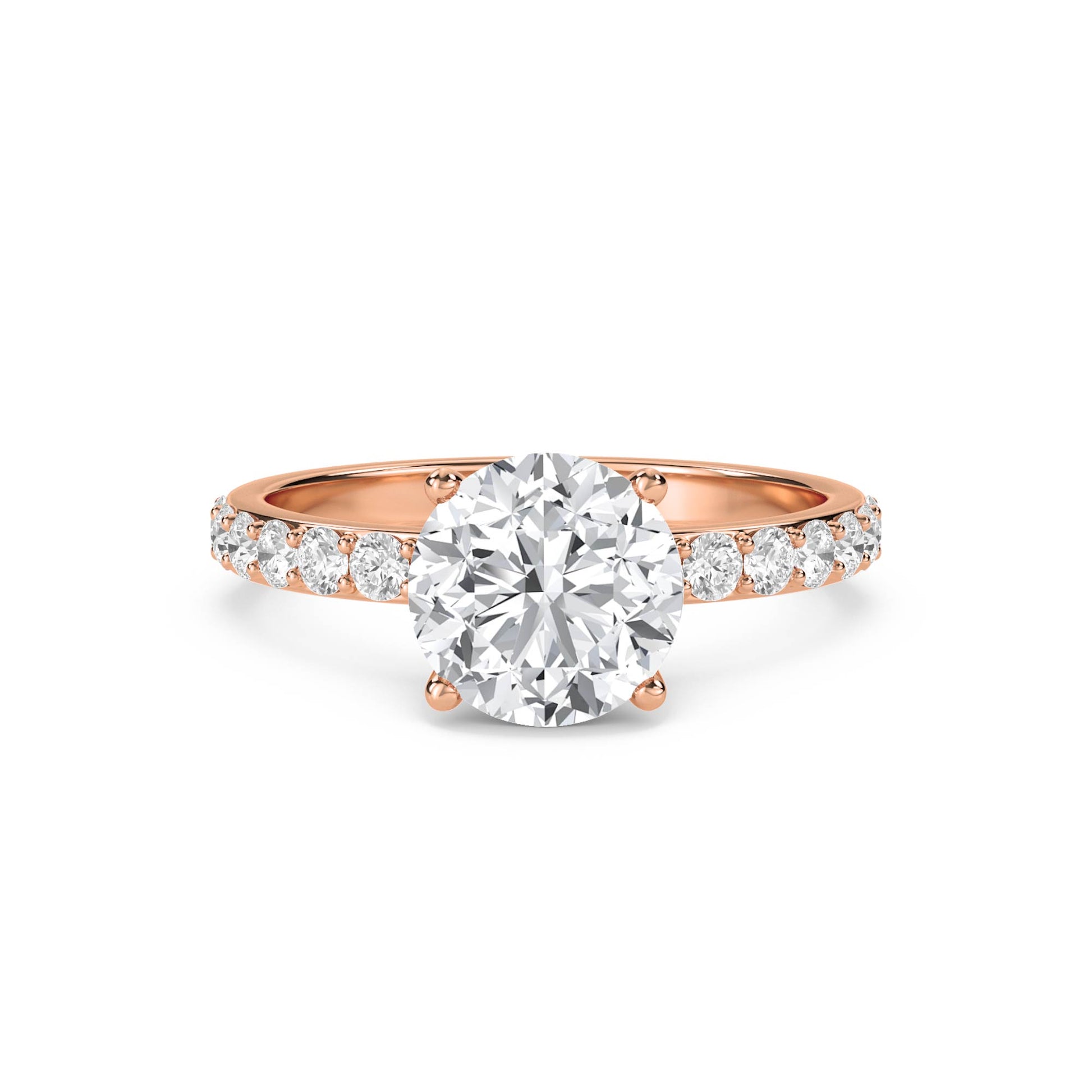 Classic Round Solitaire Ring with Pavé Band - Rose Gold - Pose 1