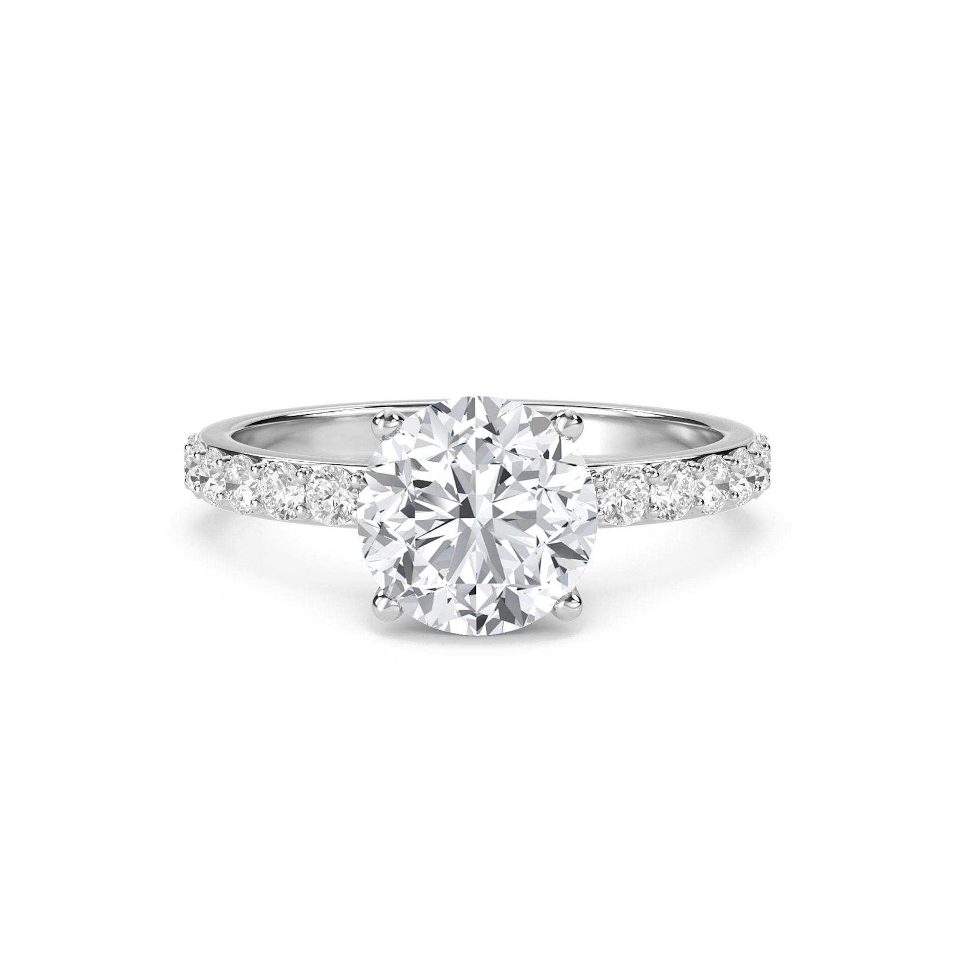 Classic Round Solitaire Ring with Pavé Band - White Gold - Pose 1