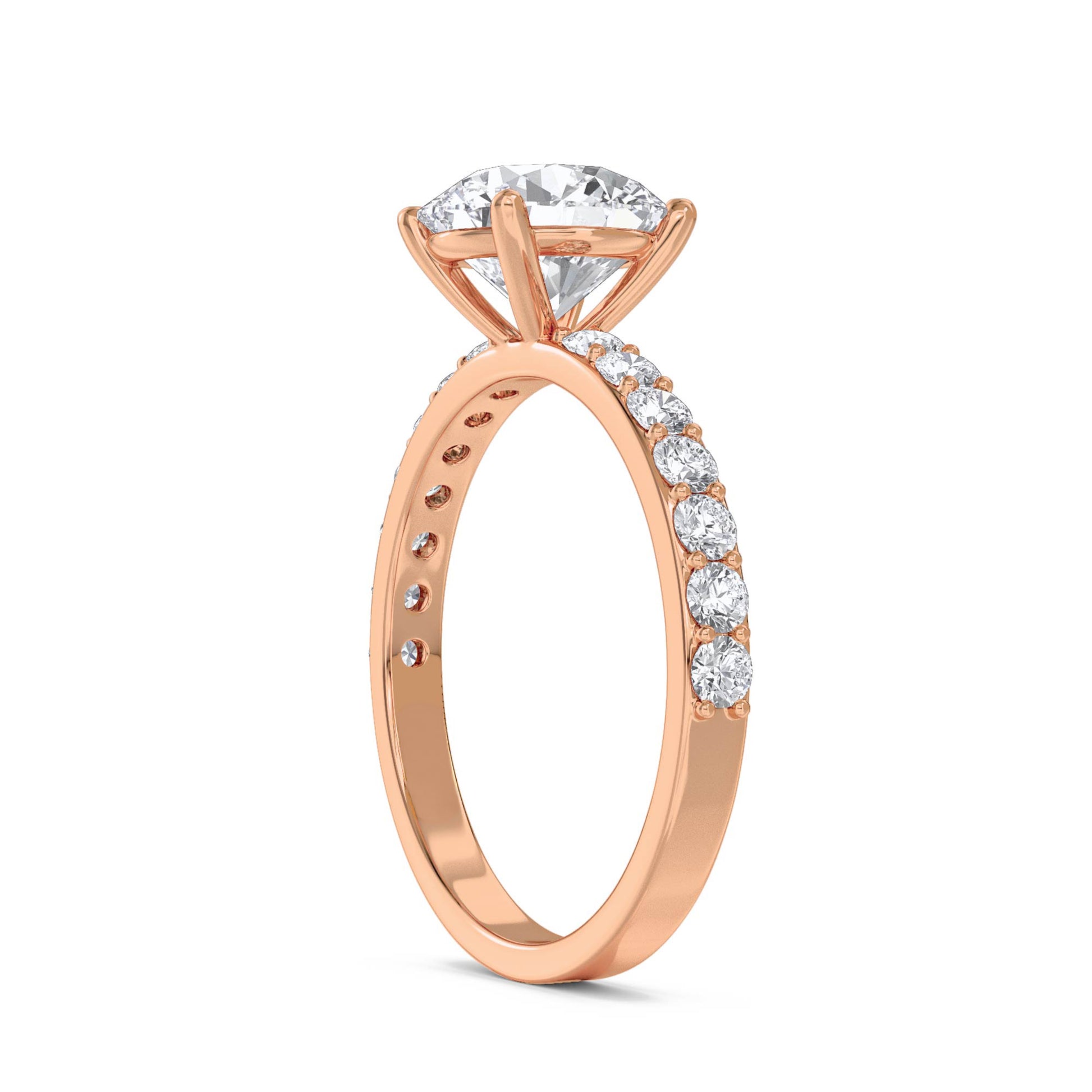 Classic Round Solitaire Ring with Pavé Band - Rose Gold - Pose 2