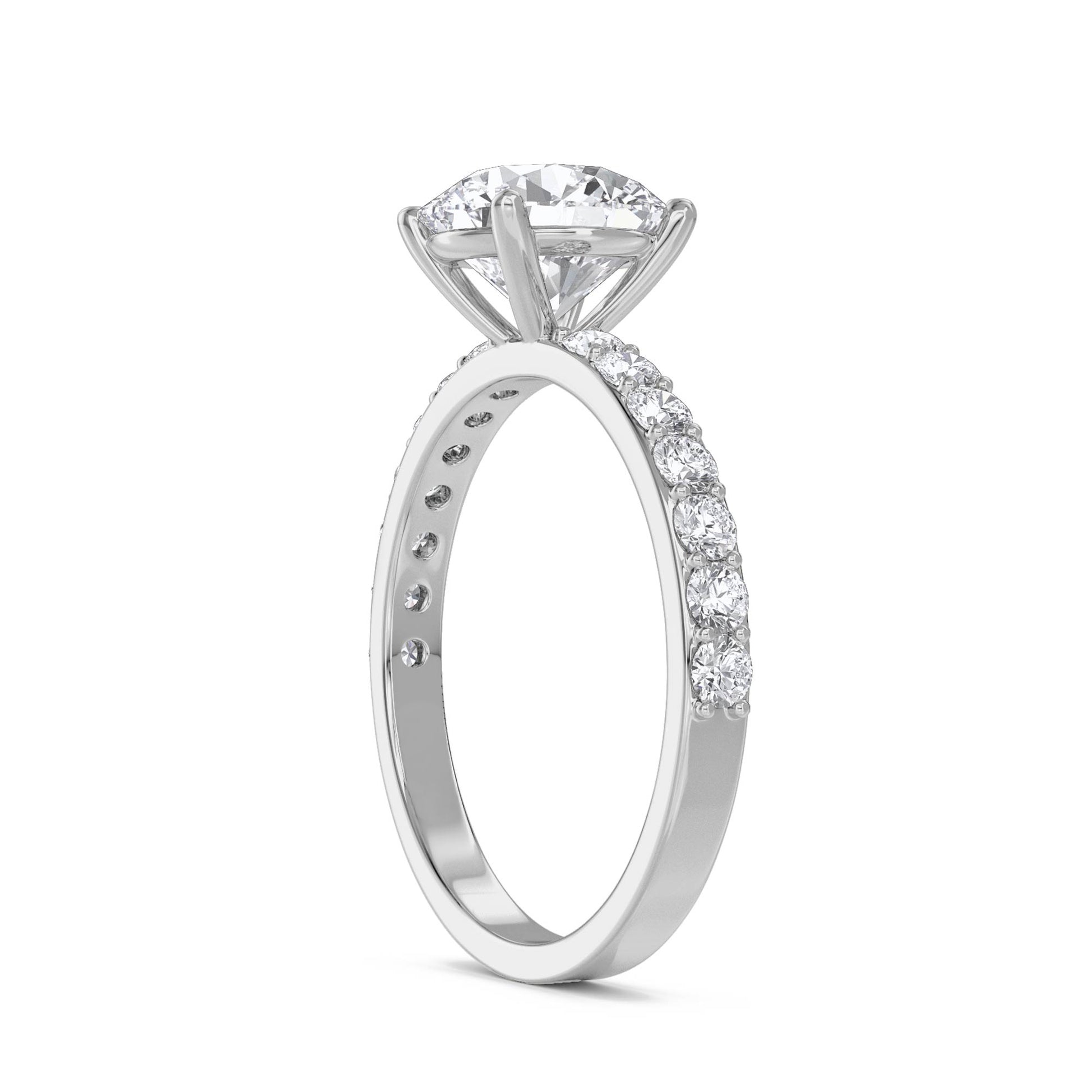 Classic Round Solitaire Ring with Pavé Band - White Gold - Pose 2