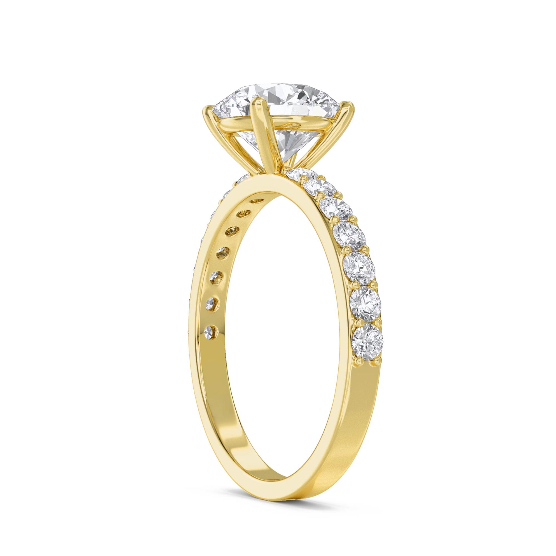 Classic Round Solitaire Ring with Pavé Band - Yellow Gold - Pose 2