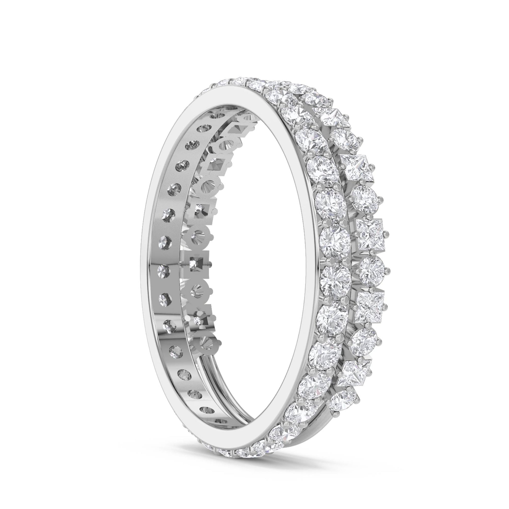 Double Row Diamond Stack Ring - White Gold - Pose 2
