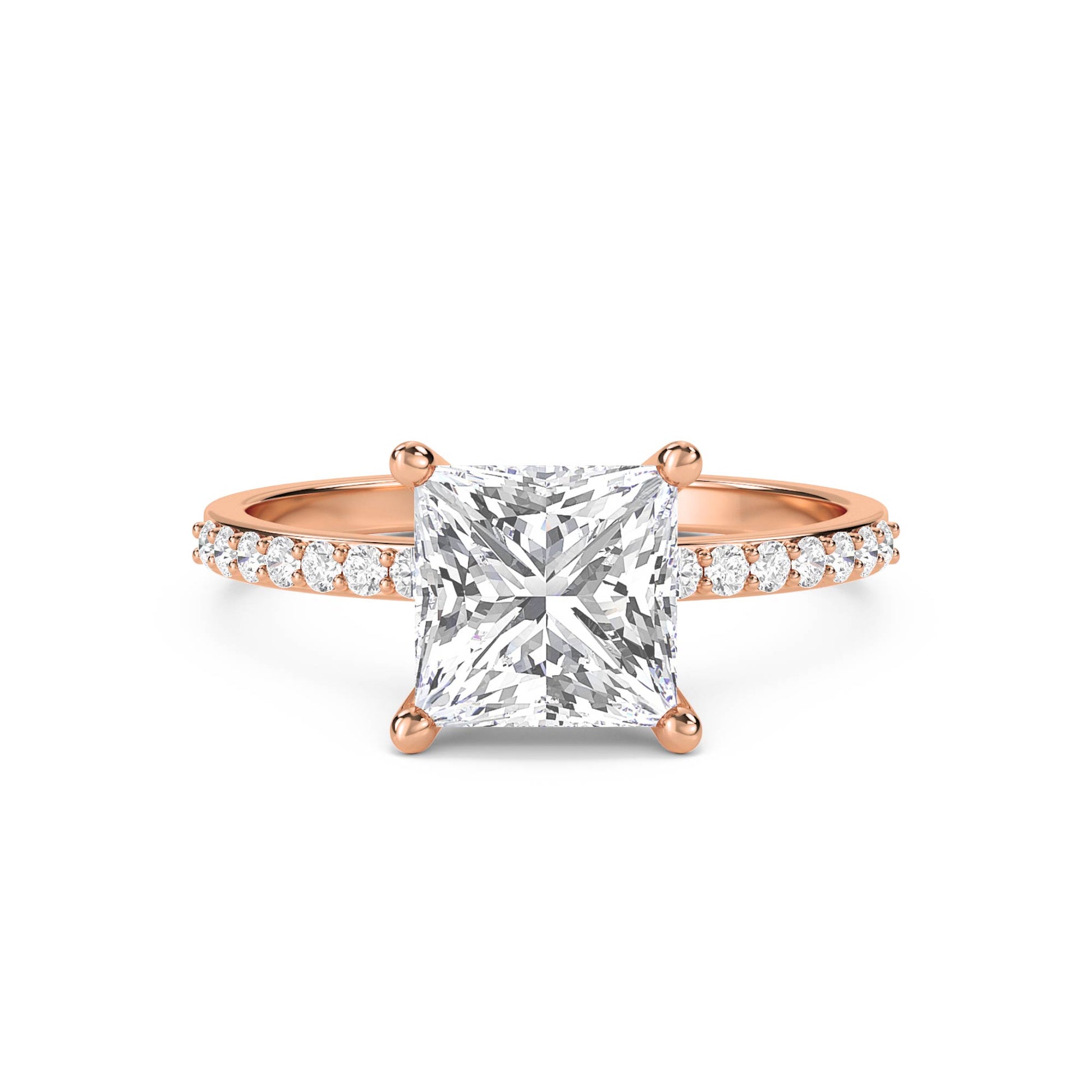 Princess Cut Diamond Ring with Pavé Band - Rose Gold - Pose 1
