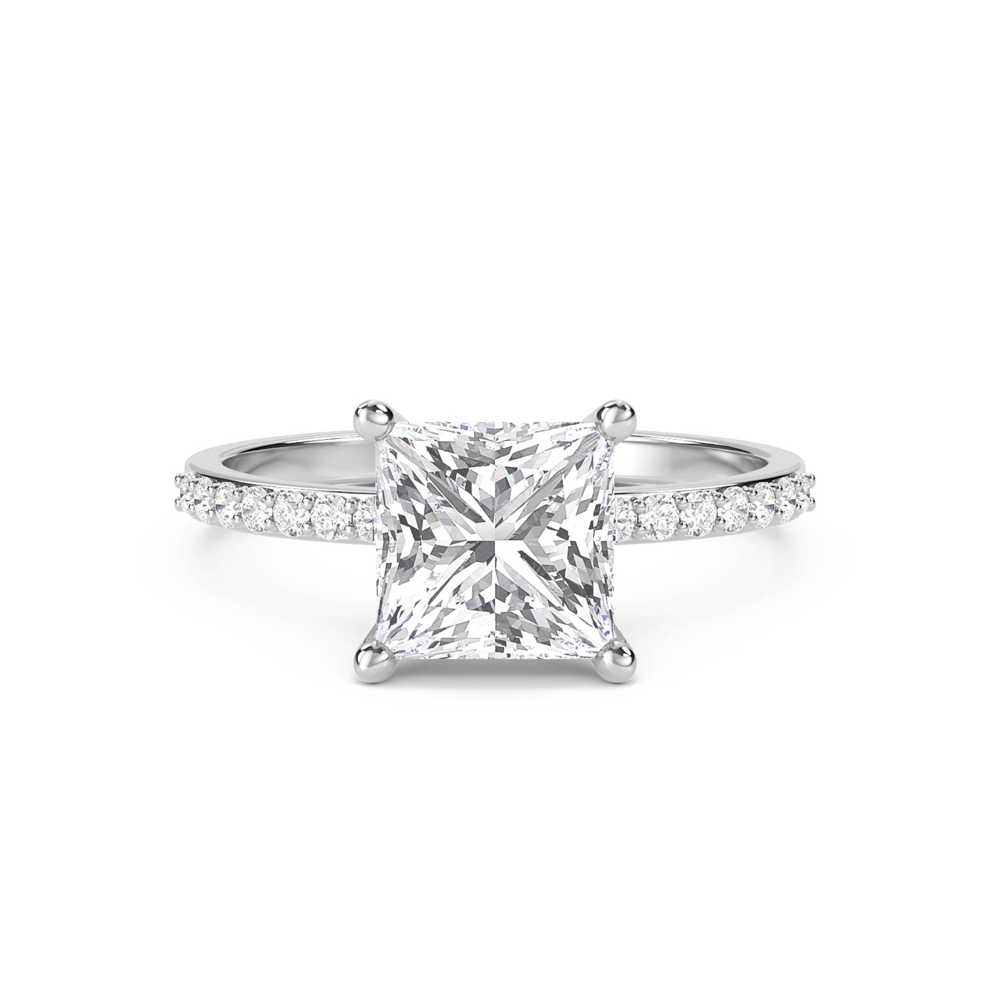Princess Cut Diamond Ring with Pavé Band - White Gold - Pose 1