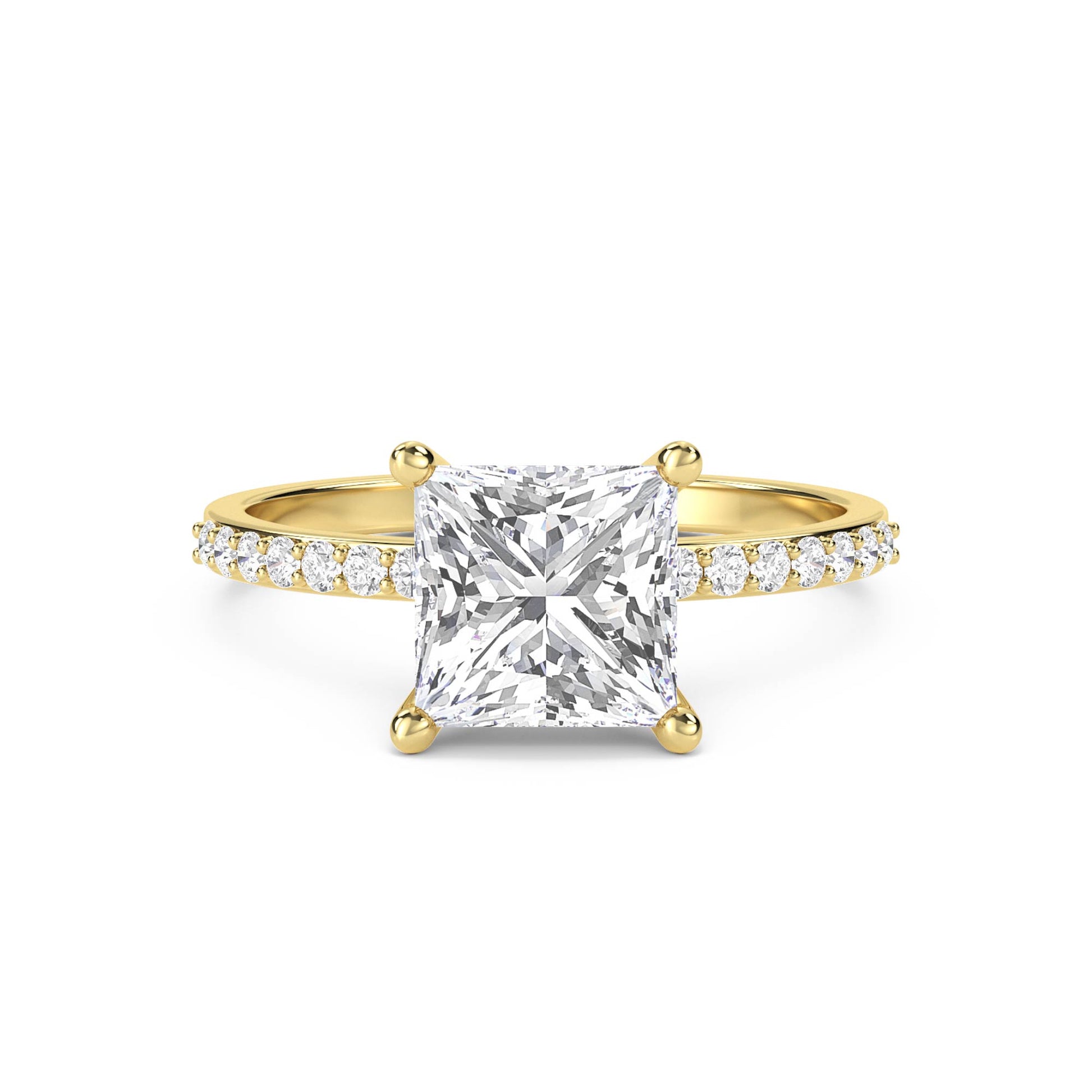 Princess Cut Diamond Ring with Pavé Band - Yellow Gold - Pose 1