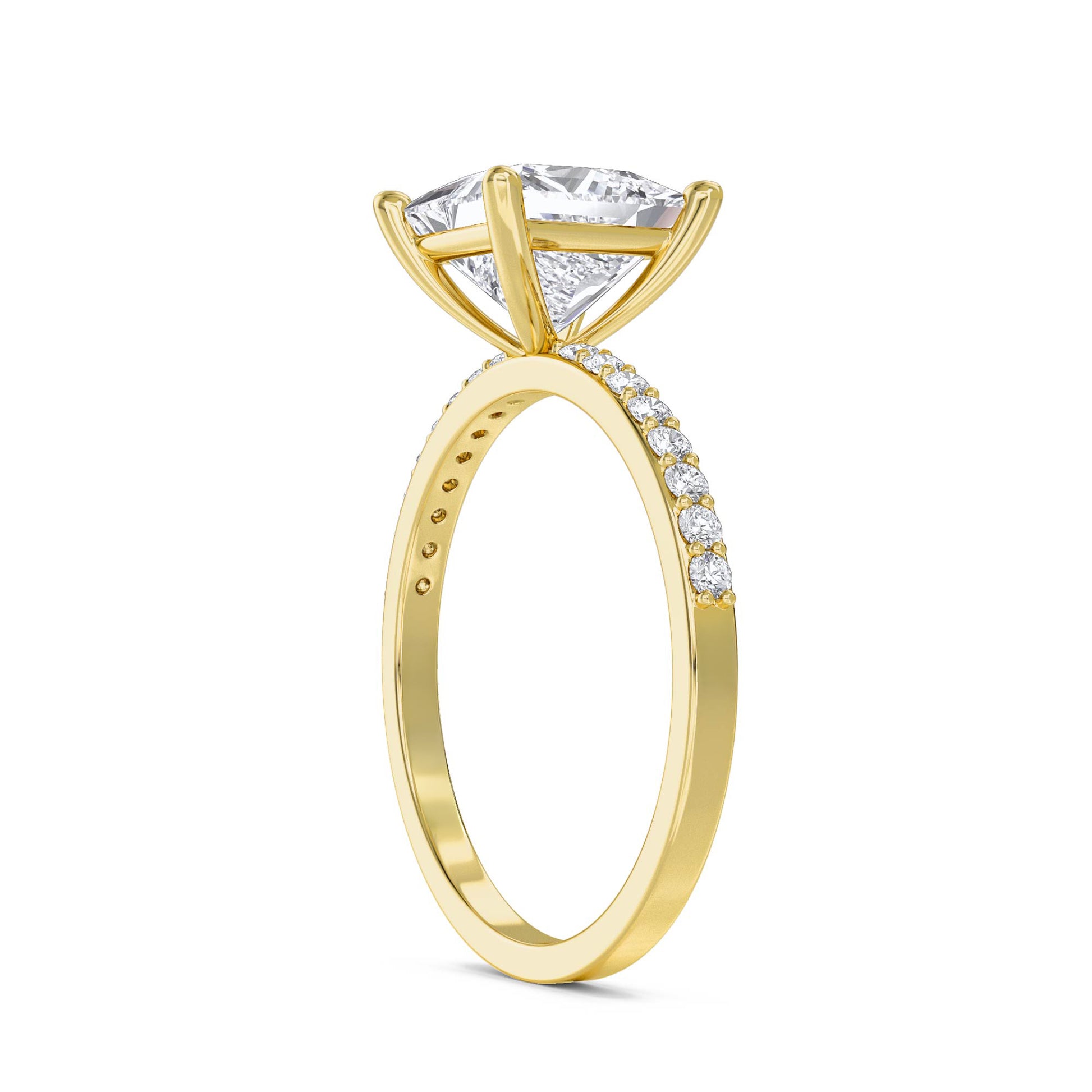 Princess Cut Diamond Ring with Pavé Band - Yellow Gold - Pose 2
