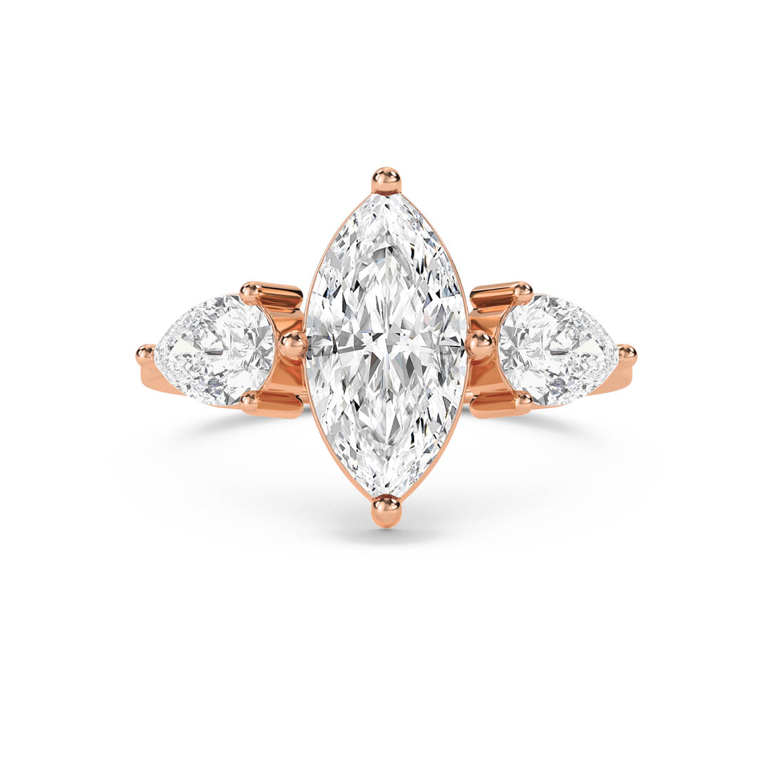 Diamond Three Stone Ring with Marquise Center & Pear Sides - Rose Gold - Pose 1