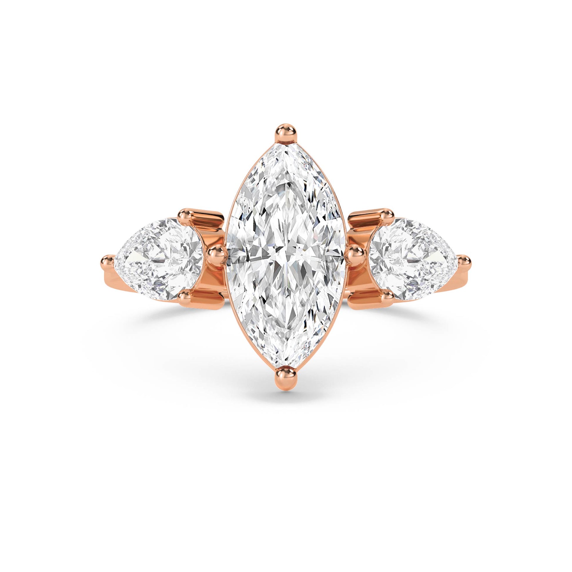 Diamond Three Stone Ring with Marquise Center & Pear Sides - Rose Gold - Pose 1