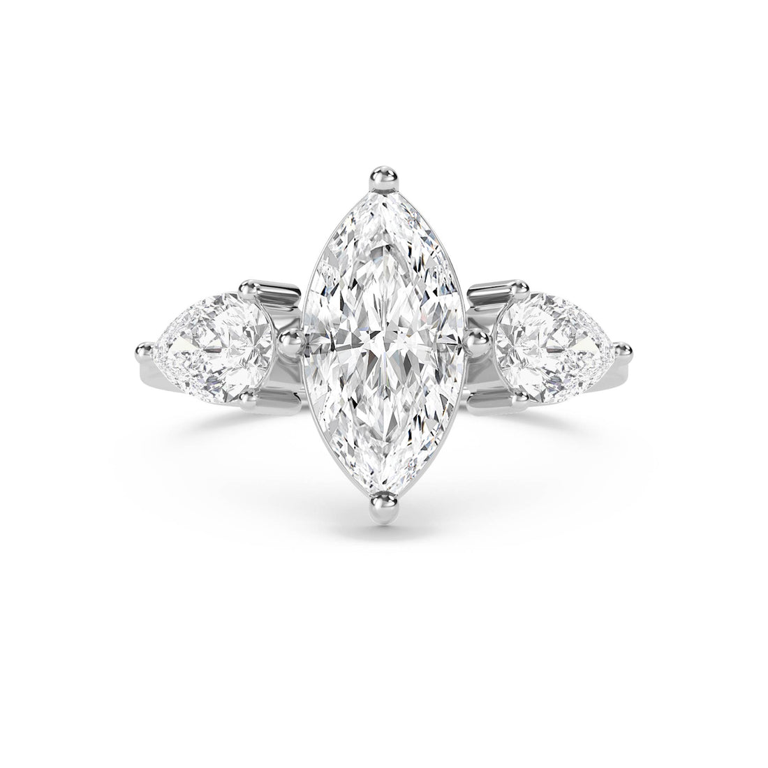 Diamond Three Stone Ring with Marquise Center & Pear Sides - White Gold - Pose 1