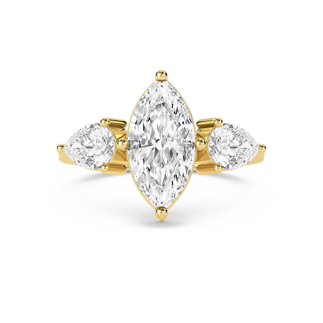 Diamond Three Stone Ring with Marquise Center & Pear Sides - Yellow Gold - Pose 1