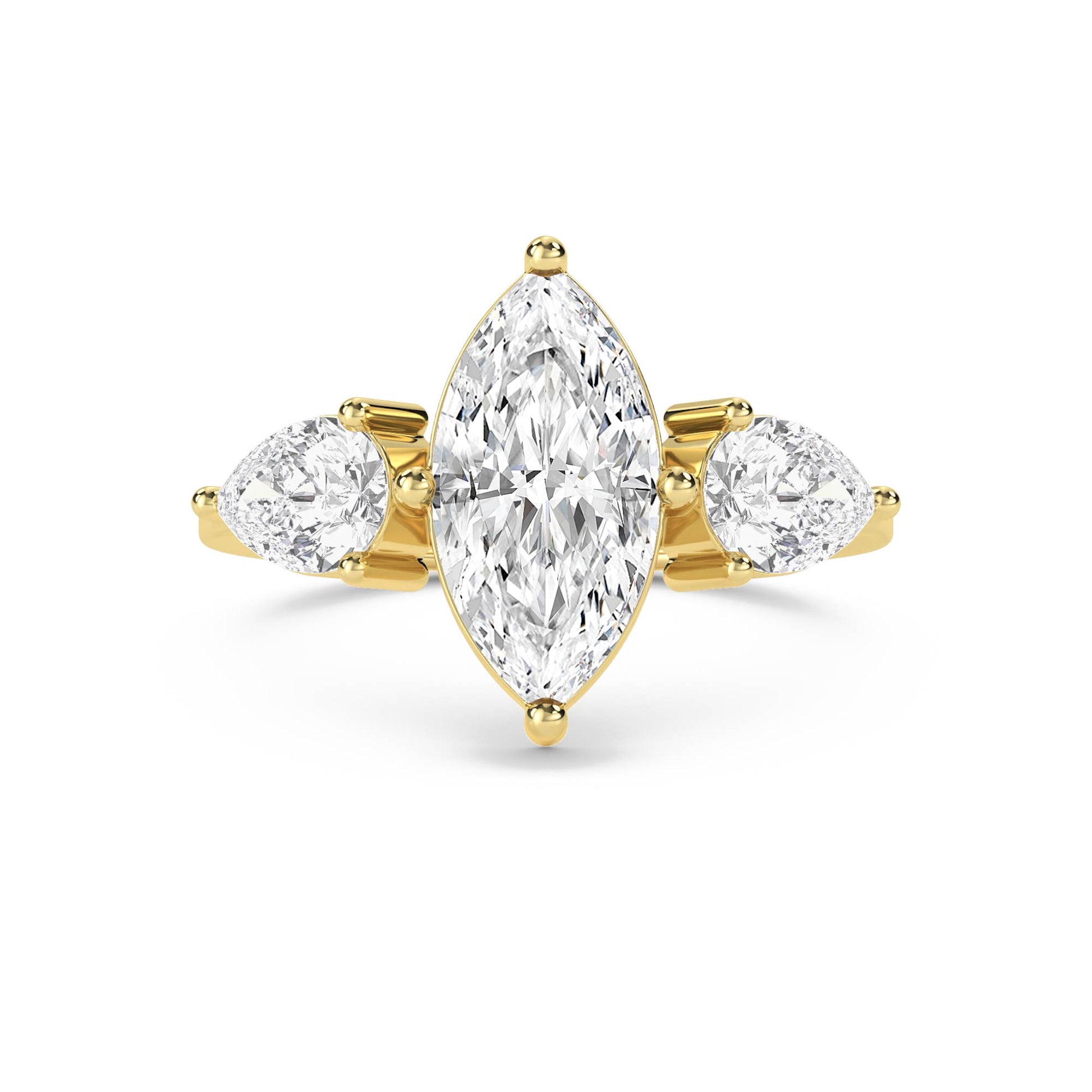 Diamond Three Stone Ring with Marquise Center & Pear Sides - Yellow Gold - Pose 1