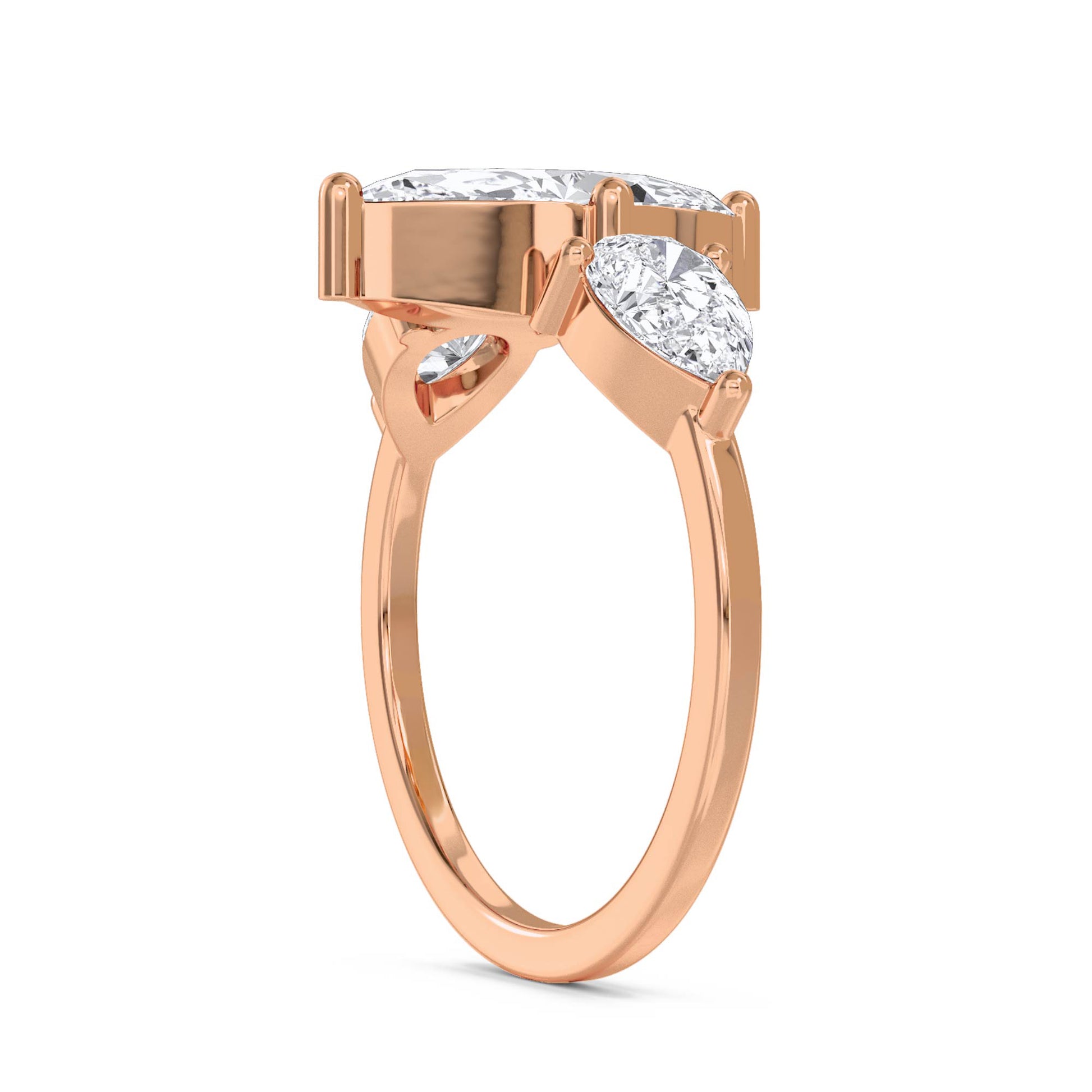 Diamond Three Stone Ring with Marquise Center & Pear Sides - Rose Gold - Pose 2