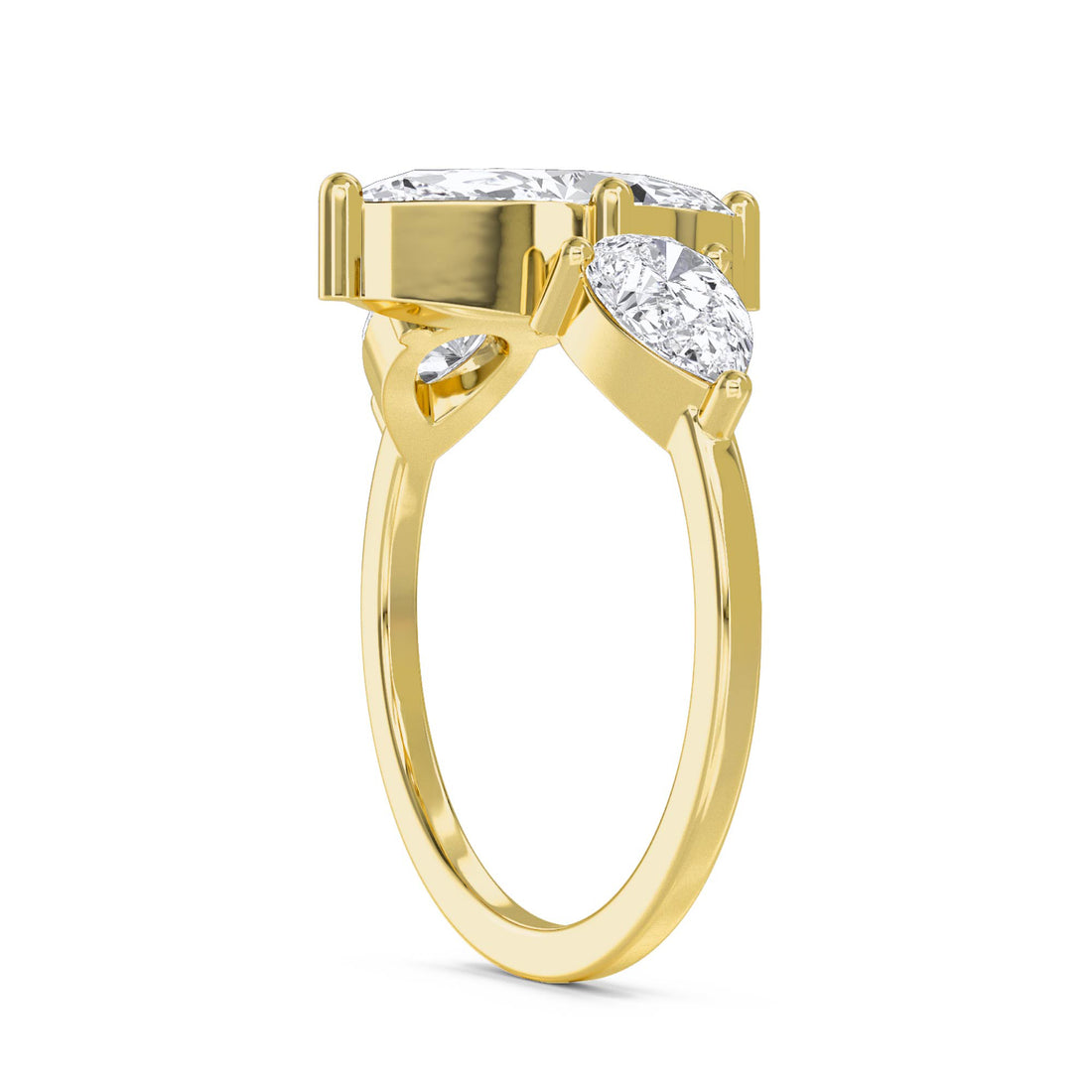 Diamond Three Stone Ring with Marquise Center & Pear Sides - Yellow Gold - Pose 2
