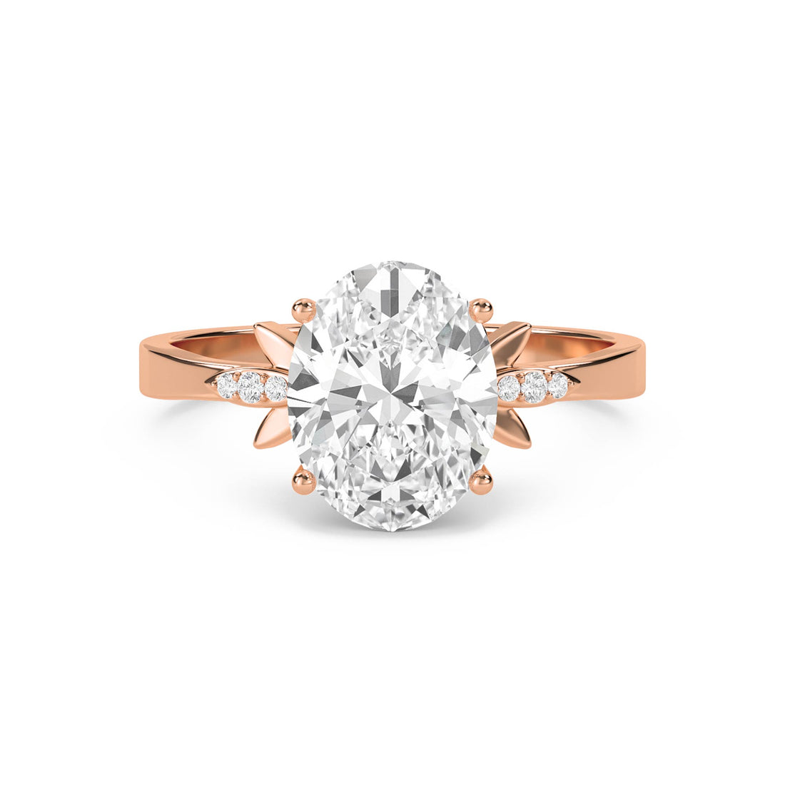 Oval Diamond Ring with Leaf Prong Shoulders - Rose Gold - Pose 1