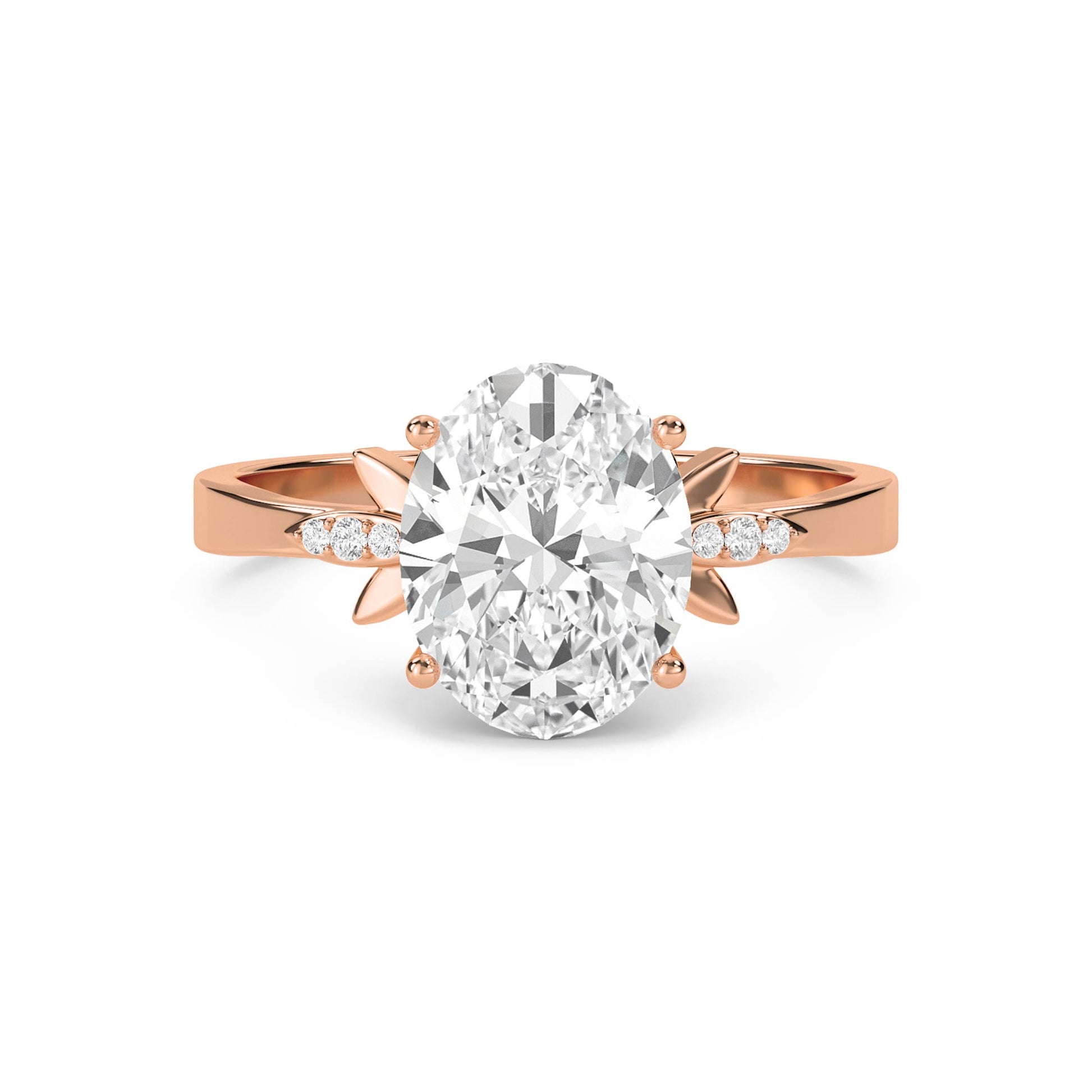 Oval Diamond Ring with Leaf Prong Shoulders - Rose Gold - Pose 1