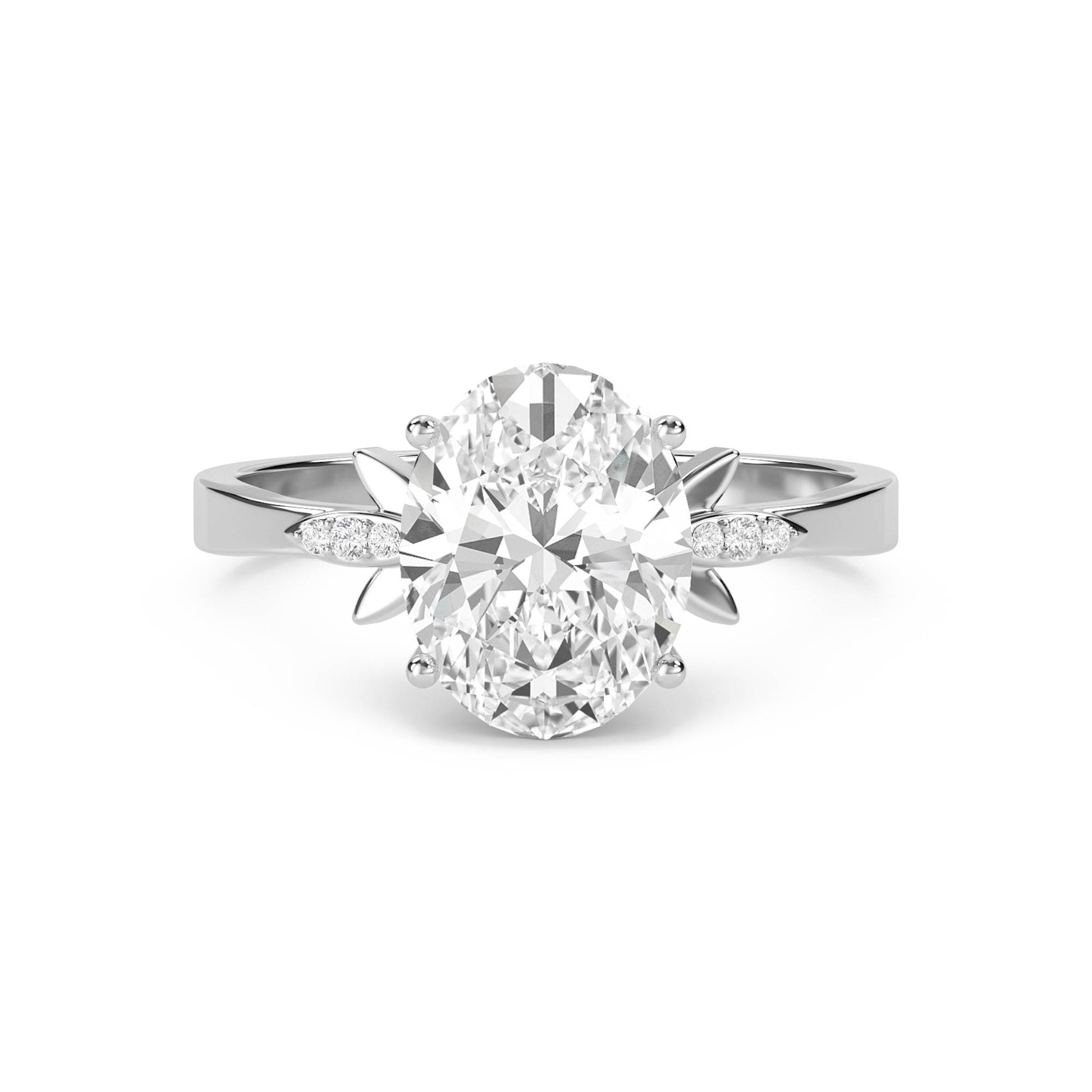 Oval Diamond Ring with Leaf Prong Shoulders (Silver) - image 1