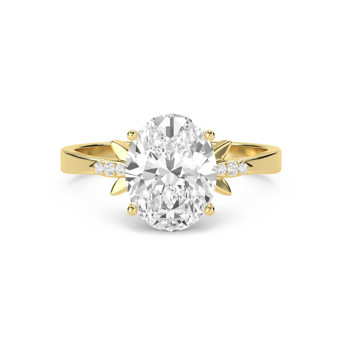 Oval Diamond Ring with Leaf Prong Shoulders - Yellow Gold - Pose 1