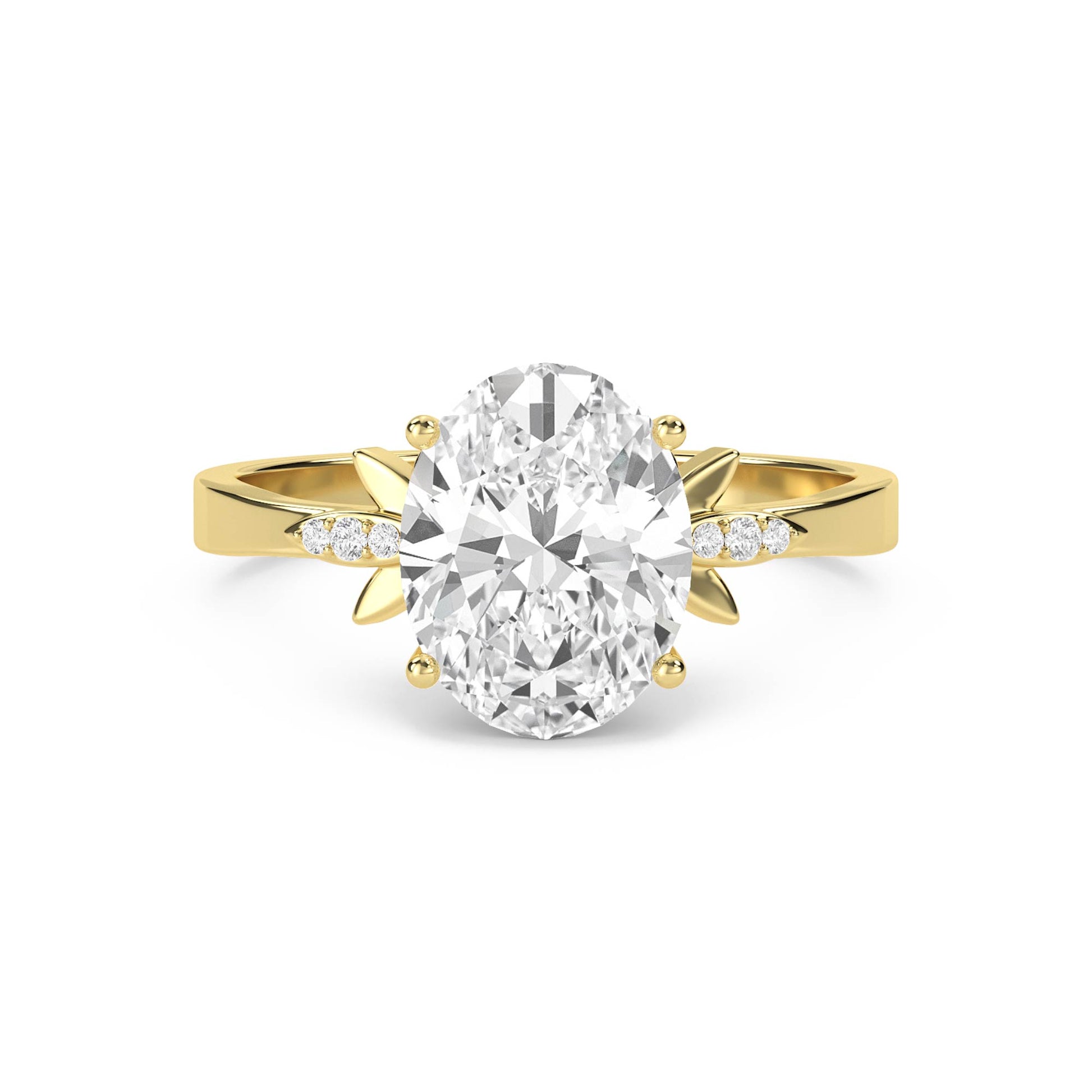Oval Diamond Ring with Leaf Prong Shoulders - Yellow Gold - Pose 1