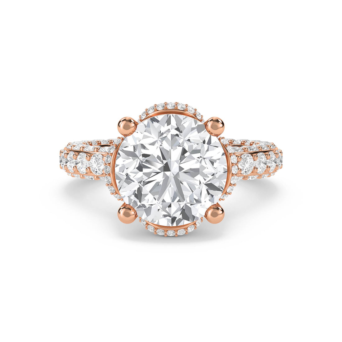 Round Diamond Ring with Scalloped Halo and Diamond Band - Rose Gold - Pose 1