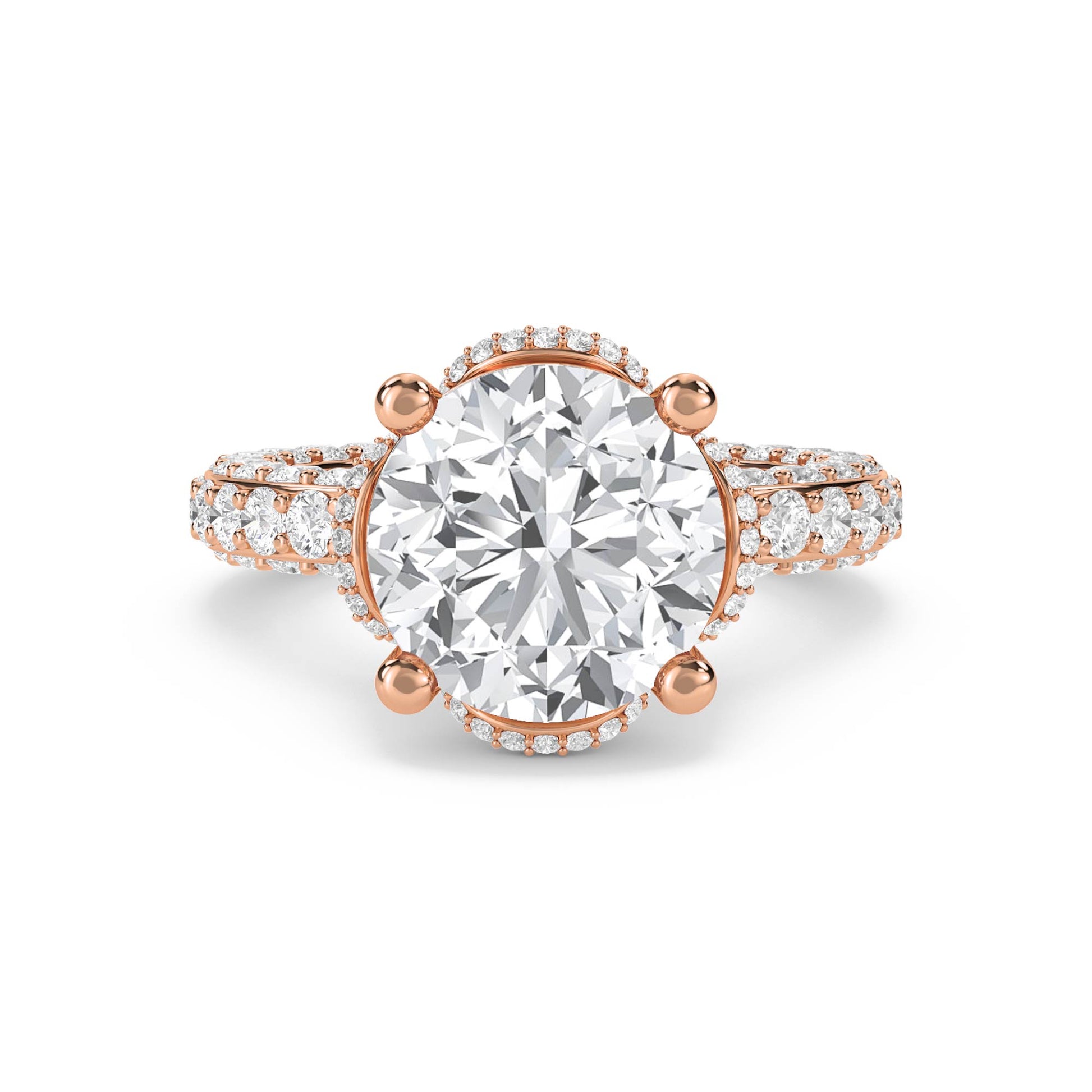 Round Diamond Ring with Scalloped Halo and Diamond Band - Rose Gold - Pose 1