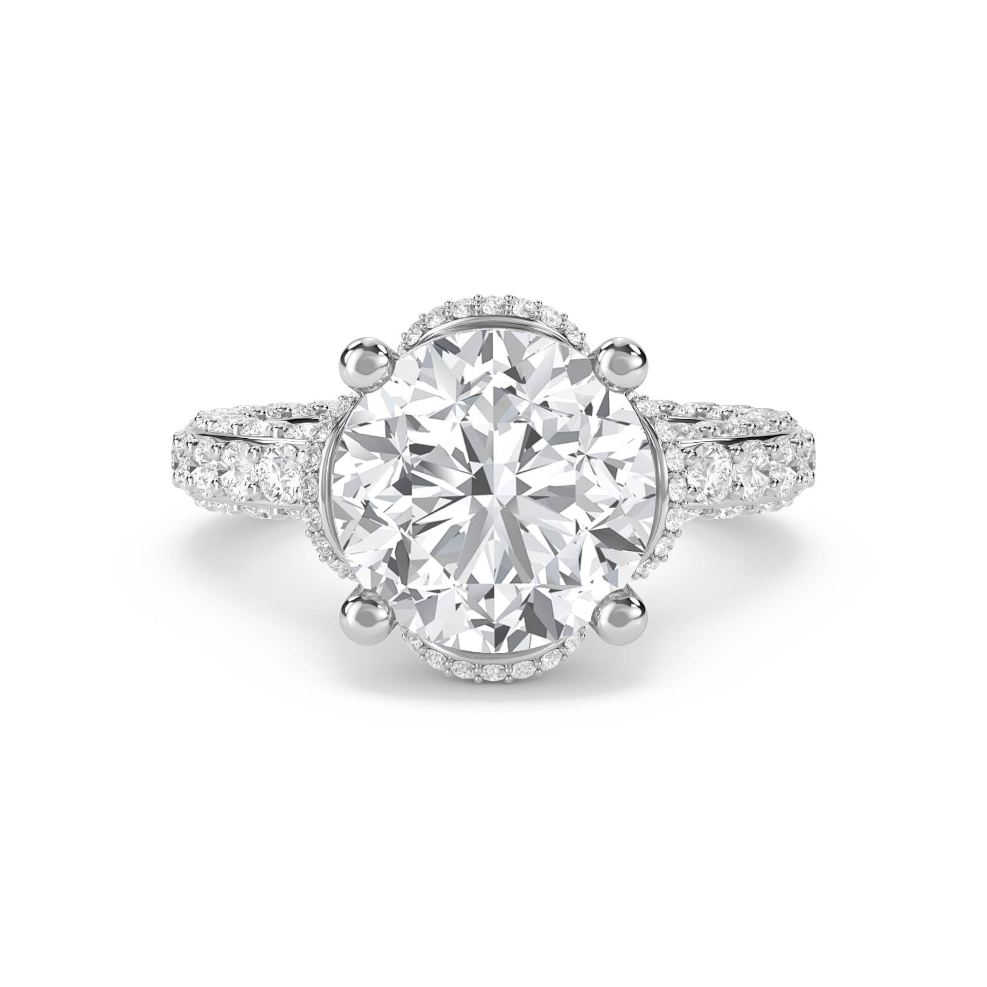 Round Diamond Ring with Scalloped Halo and Diamond Band - White Gold - Pose 1