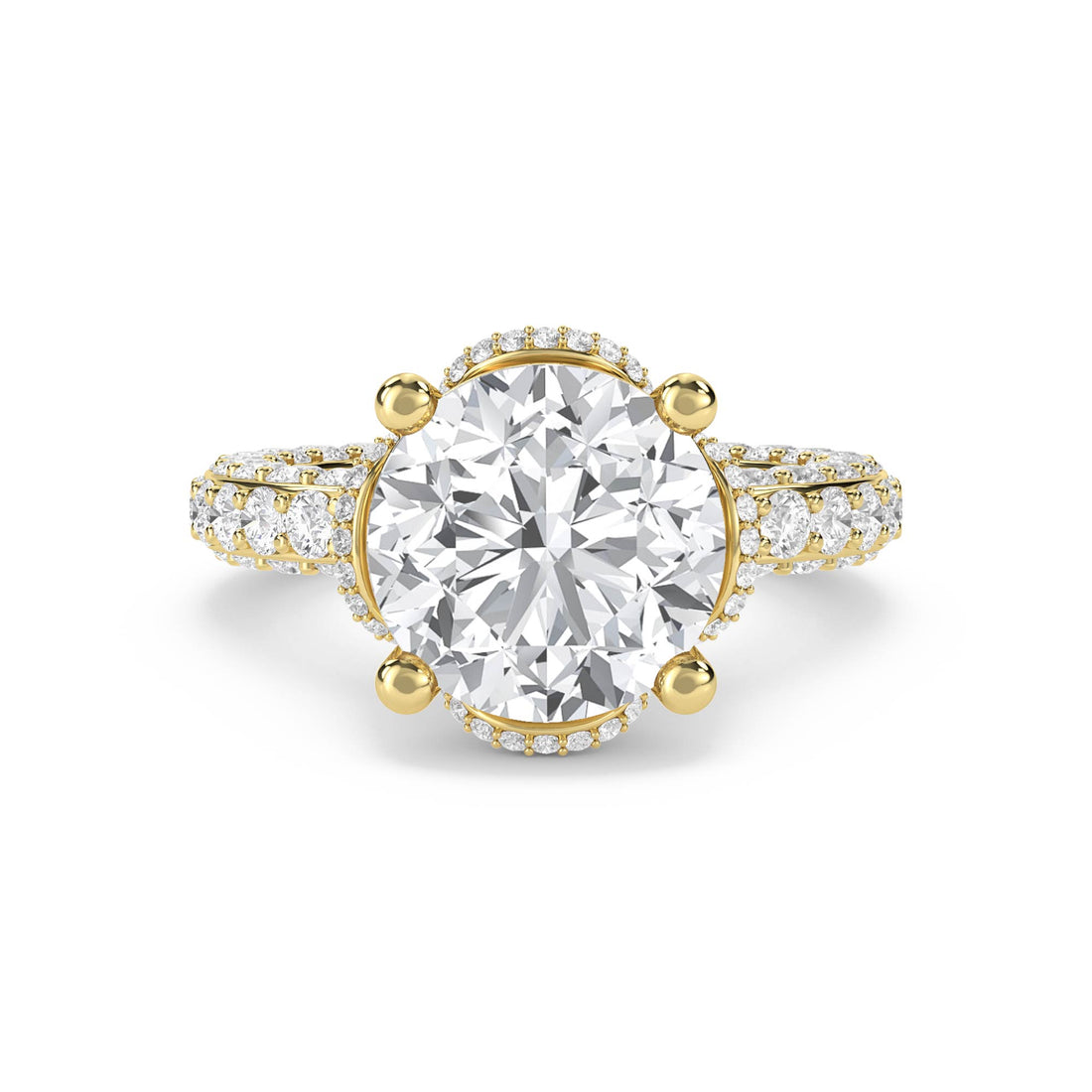 Round Diamond Ring with Scalloped Halo and Diamond Band - Yellow Gold - Pose 1