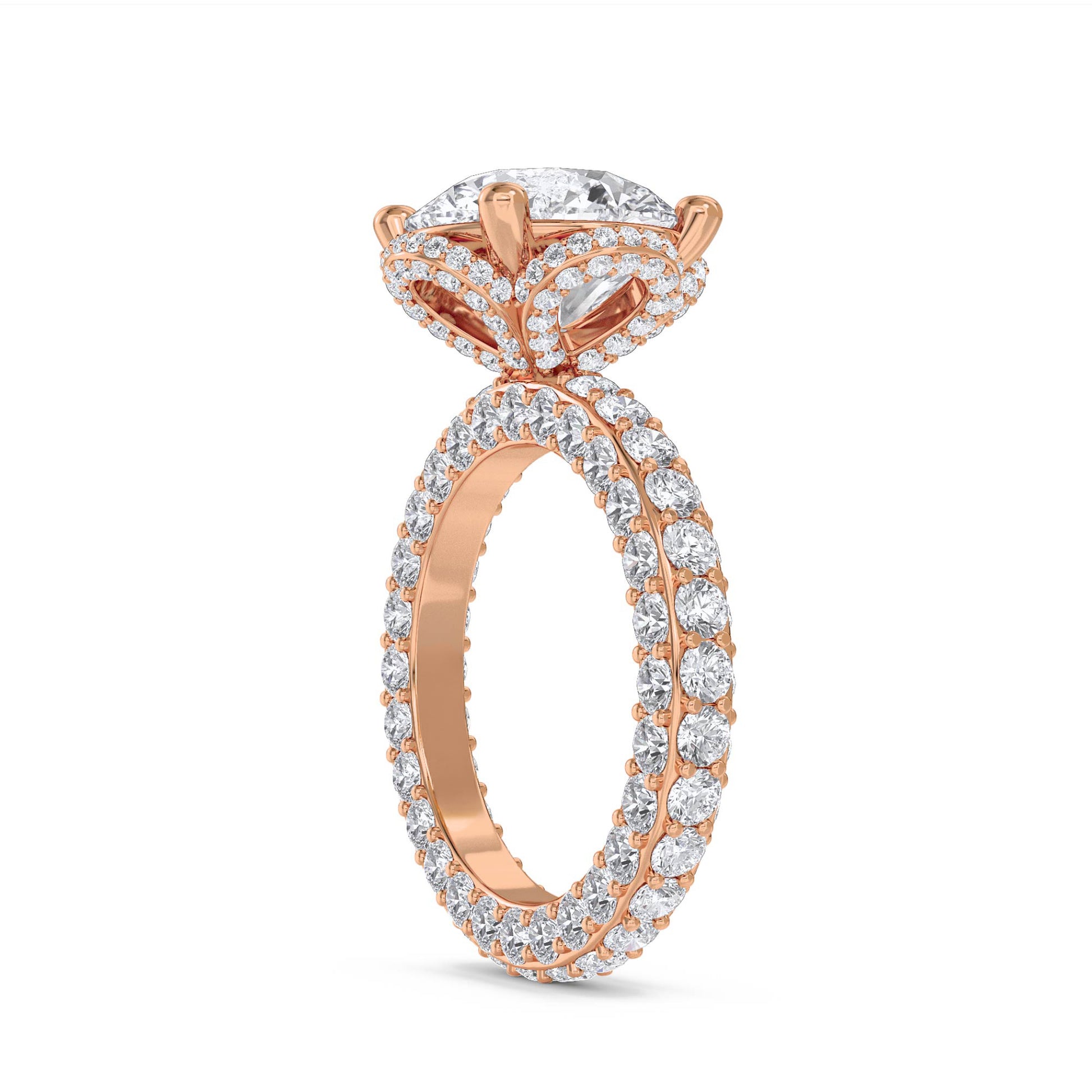 Round Diamond Ring with Scalloped Halo and Diamond Band - Rose Gold - Pose 2