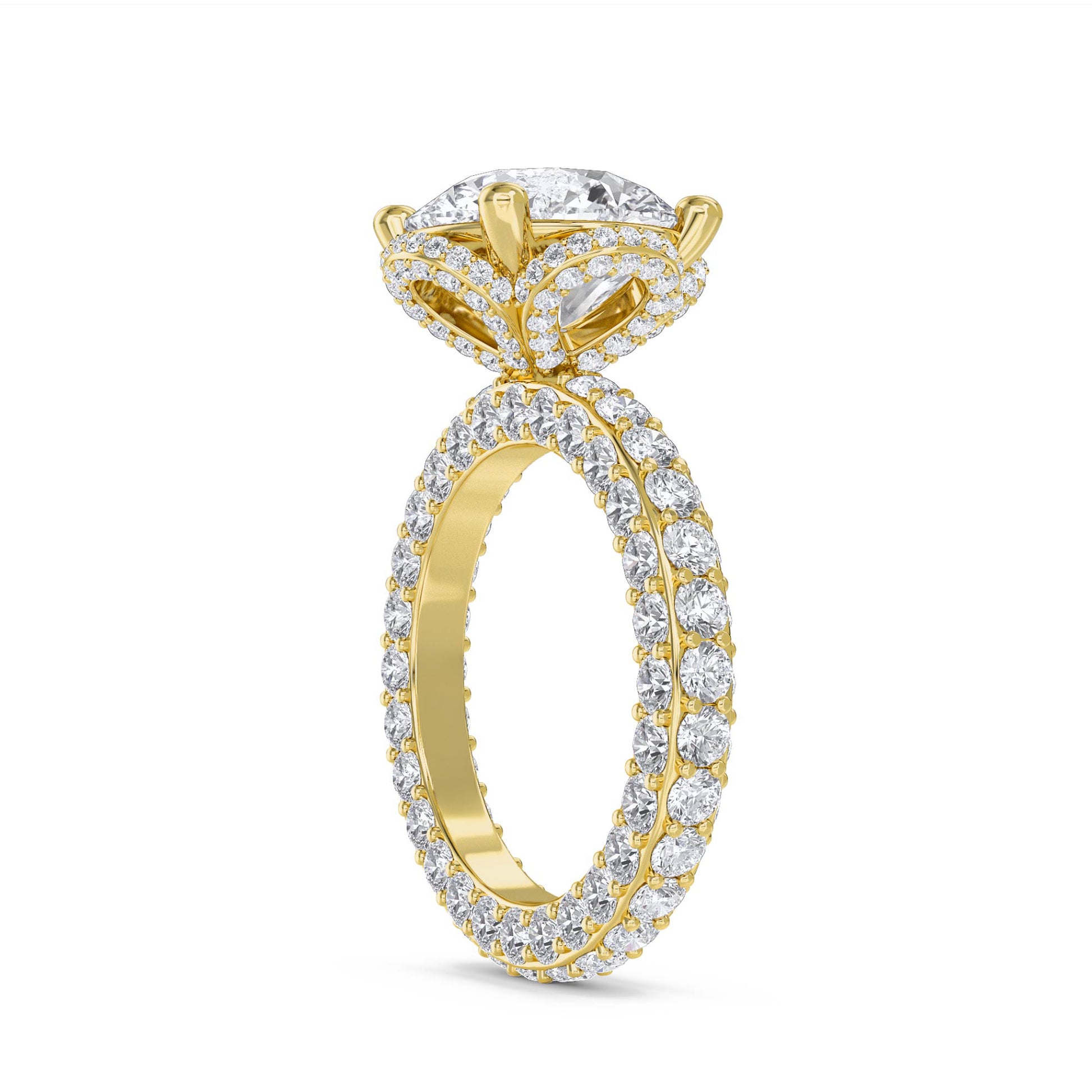 Round Diamond Ring with Scalloped Halo and Diamond Band - Yellow Gold - Pose 2