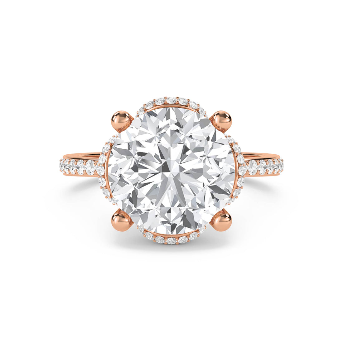 Round Diamond Ring with Halo and Pavé Shoulders - Rose Gold - Pose 1