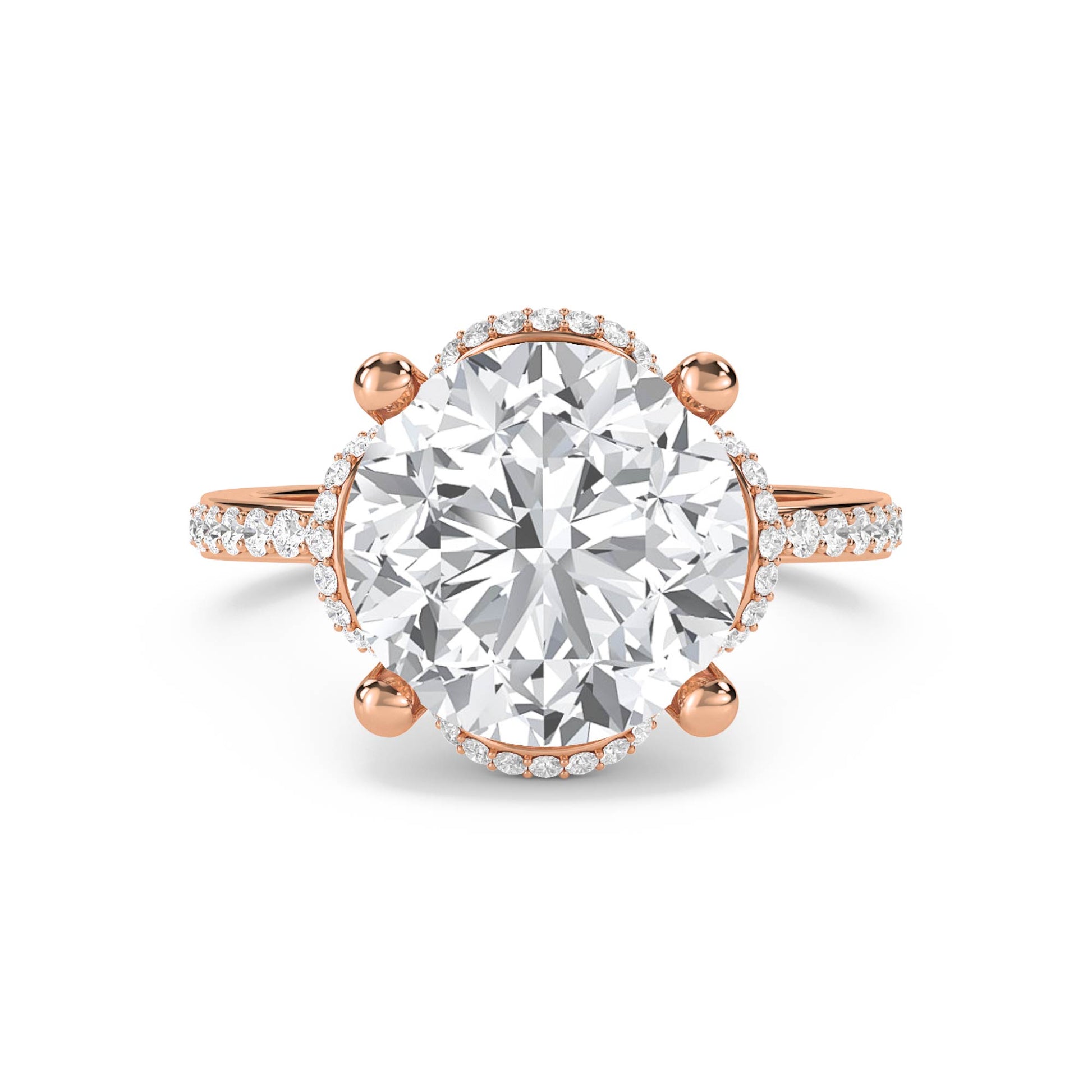 Round Diamond Ring with Halo and Pavé Shoulders - Rose Gold - Pose 1