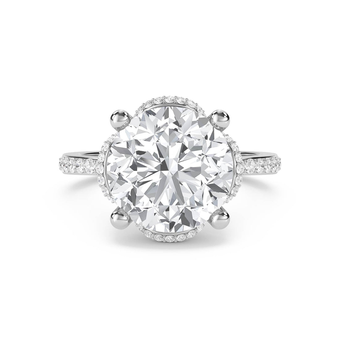 Round Diamond Ring with Halo and Pavé Shoulders - White Gold - Pose 1