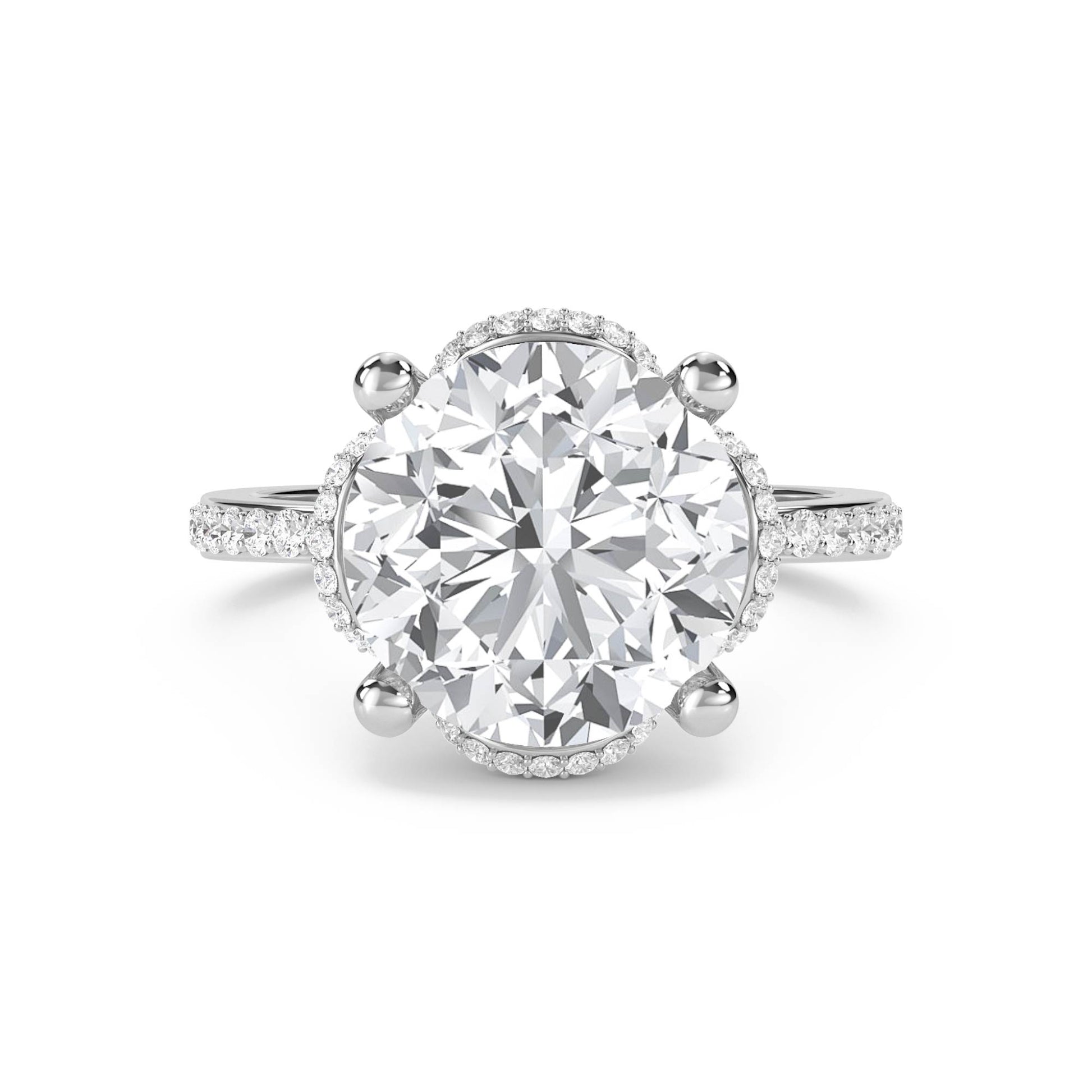 Round Diamond Ring with Halo and Pavé Shoulders - White Gold - Pose 1