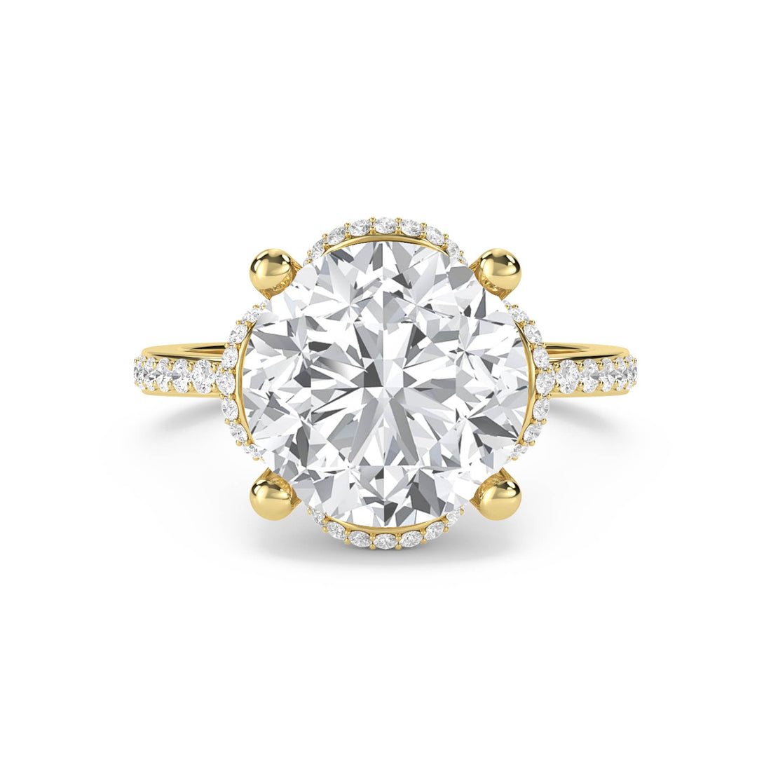Round Diamond Ring with Halo and Pavé Shoulders - Yellow Gold - Pose 1