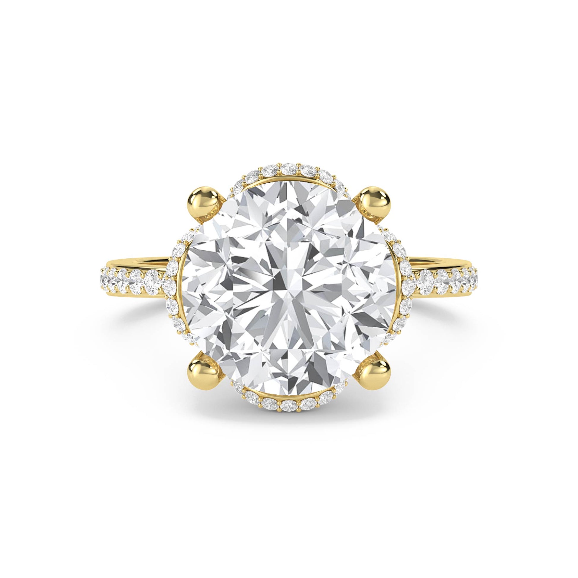 Round Diamond Ring with Halo and Pavé Shoulders - Yellow Gold - Pose 1