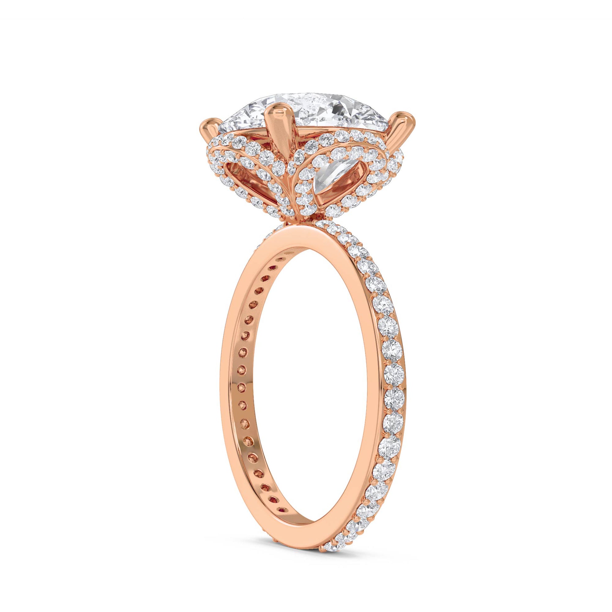 Round Diamond Ring with Halo and Pavé Shoulders - Rose Gold - Pose 2