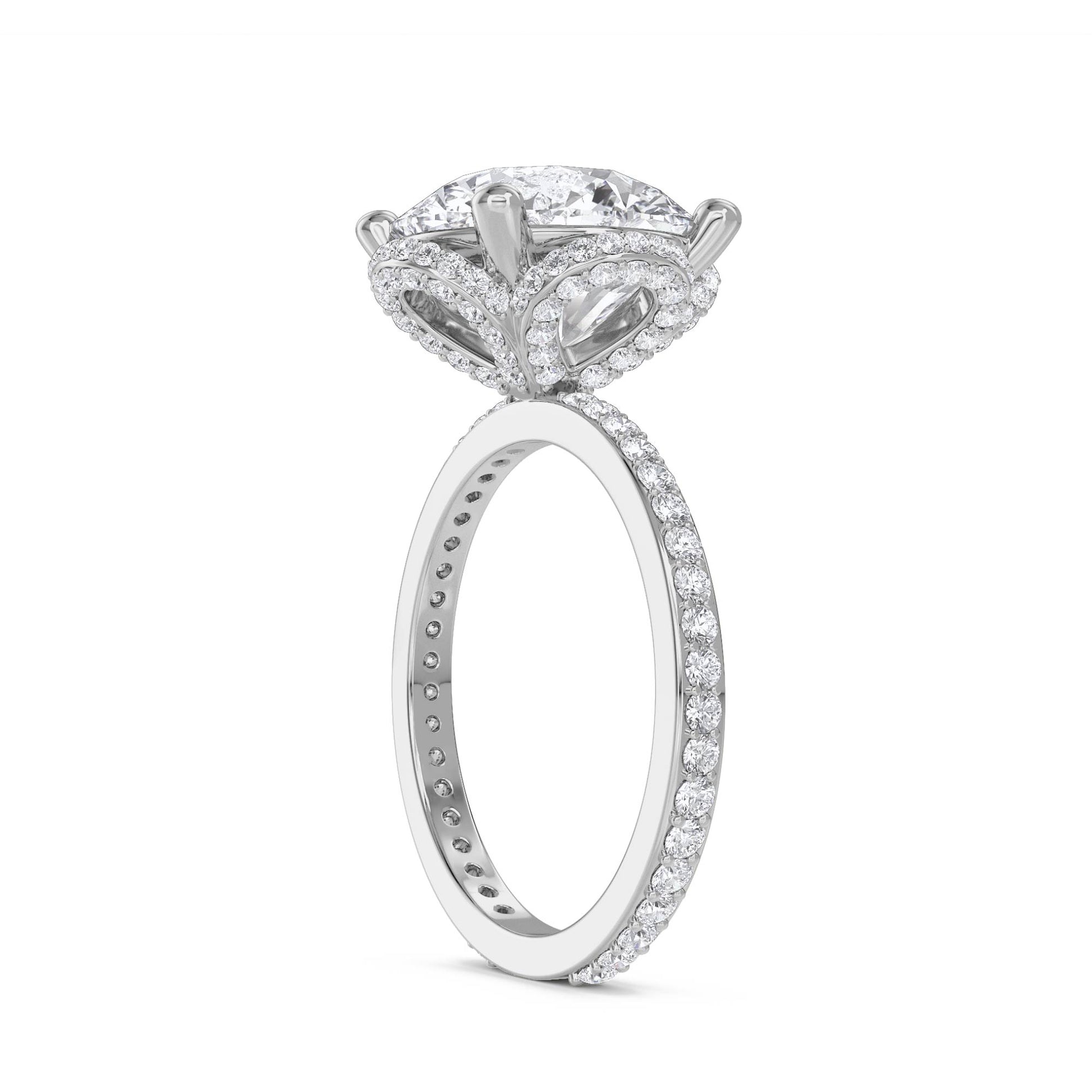 Round Diamond Ring with Halo and Pavé Shoulders - White Gold - Pose 2