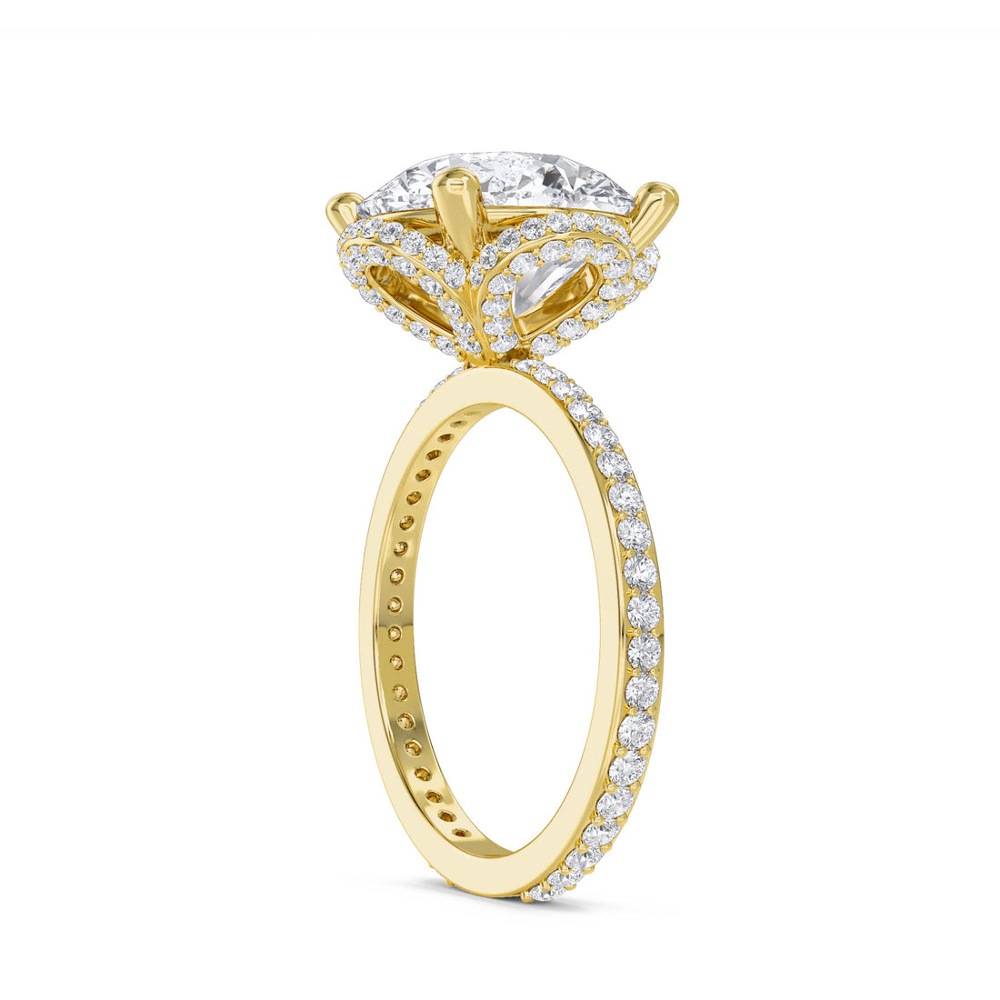 Round Diamond Ring with Halo and Pavé Shoulders - Yellow Gold - Pose 2
