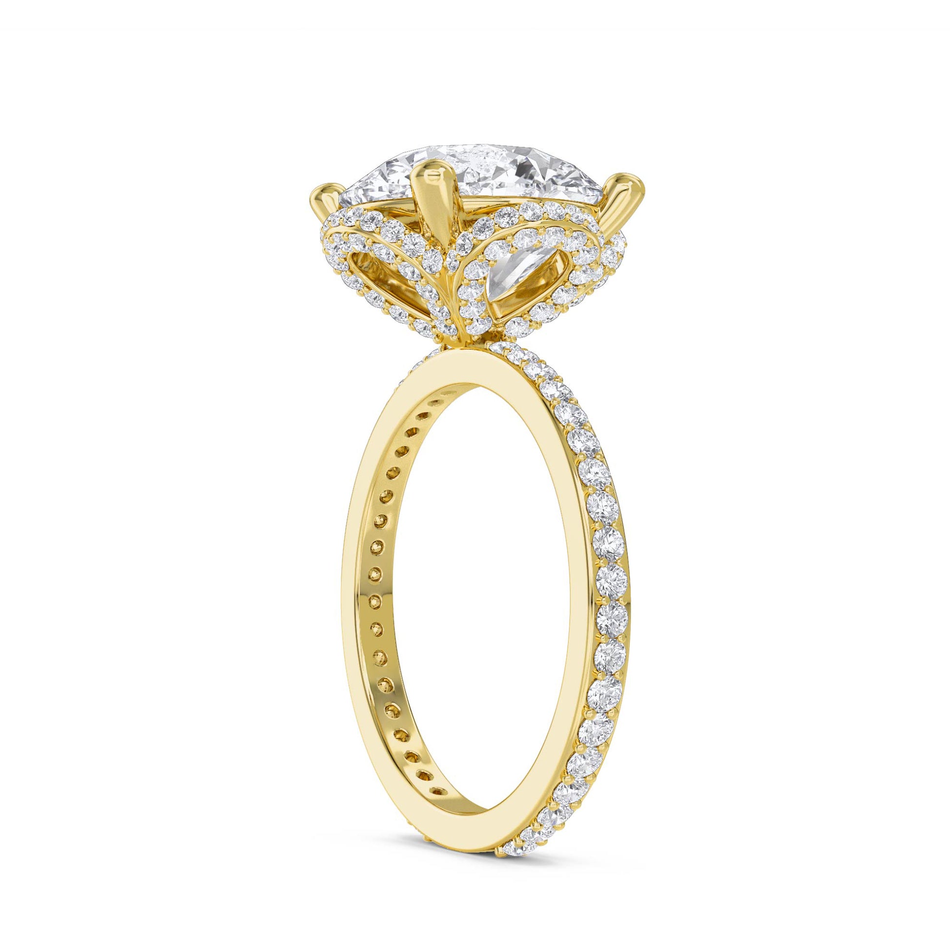 Round Diamond Ring with Halo and Pavé Shoulders - Yellow Gold - Pose 2