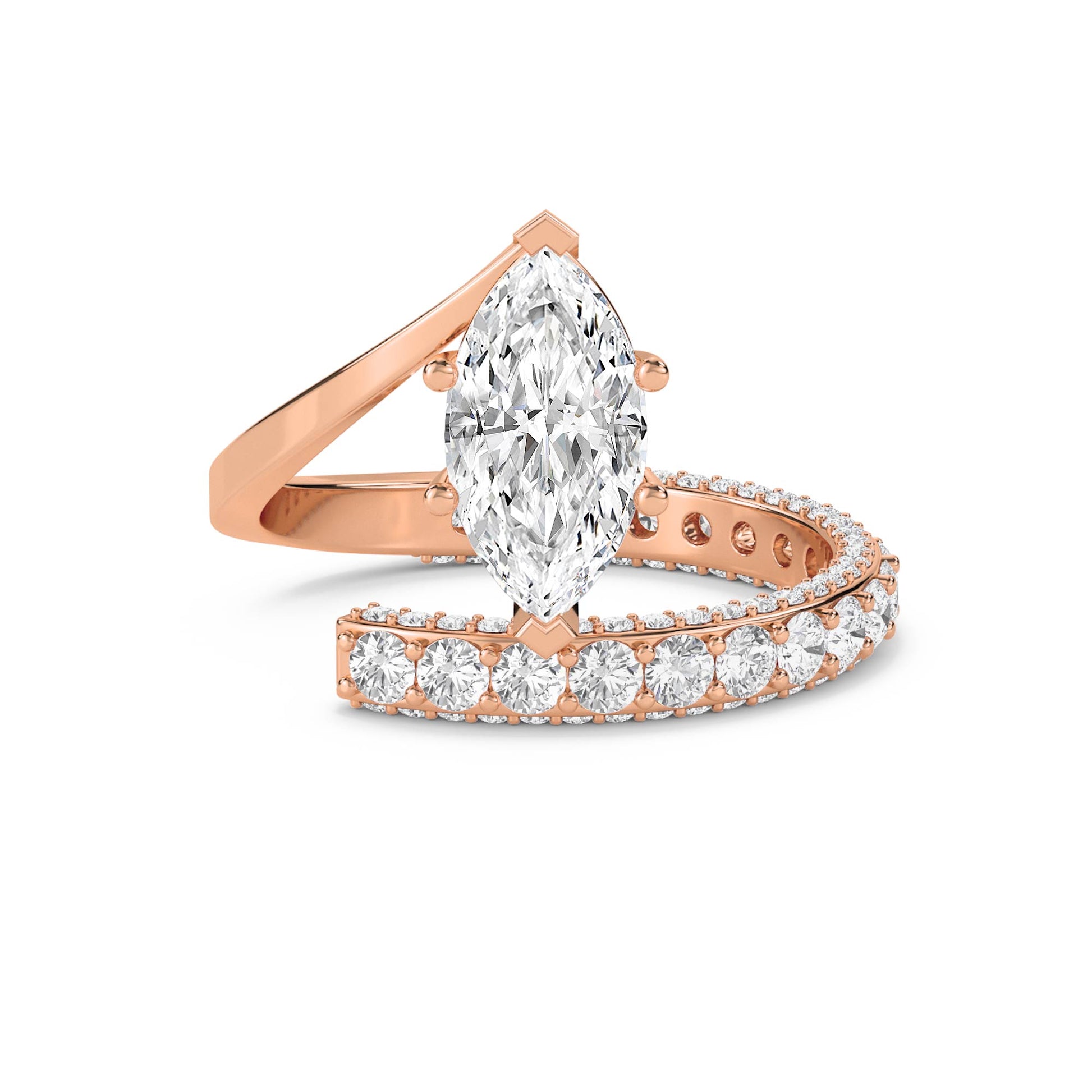 Marquise Diamond Bridal Set with Matching Eternity Band - Rose Gold - Pose 1