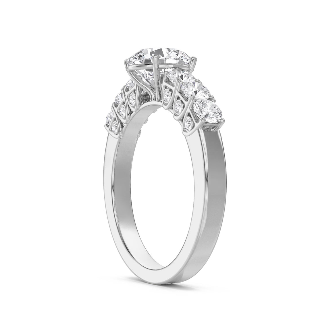 Round Diamond Three Stone Ring with Graduated Side Stones (Silver)