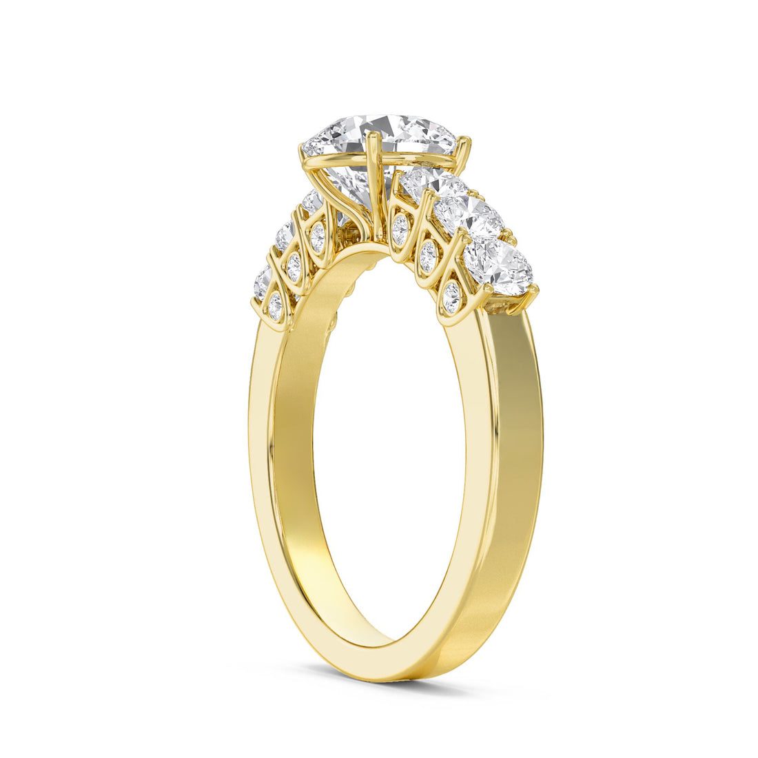 Round Diamond Three Stone Ring with Graduated Side Stones