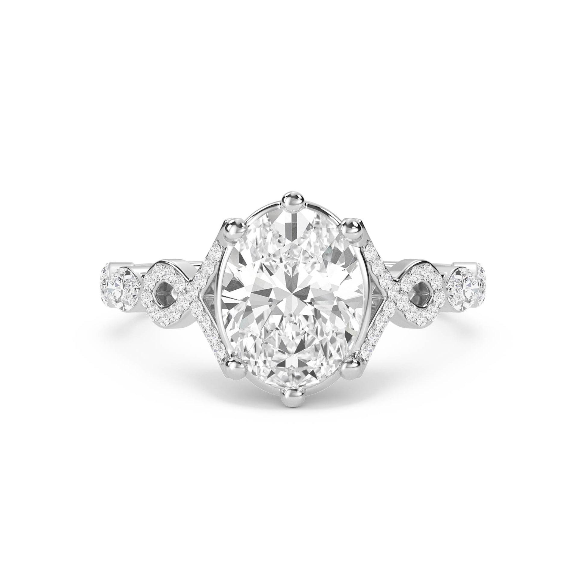 Oval Diamond Ring with Marquise Shoulder Accents - White Gold - Pose 1