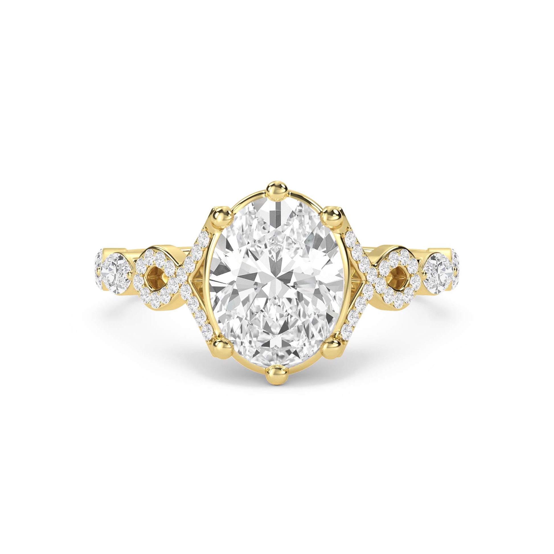 Oval Diamond Ring with Marquise Shoulder Accents - Yellow Gold - Pose 1