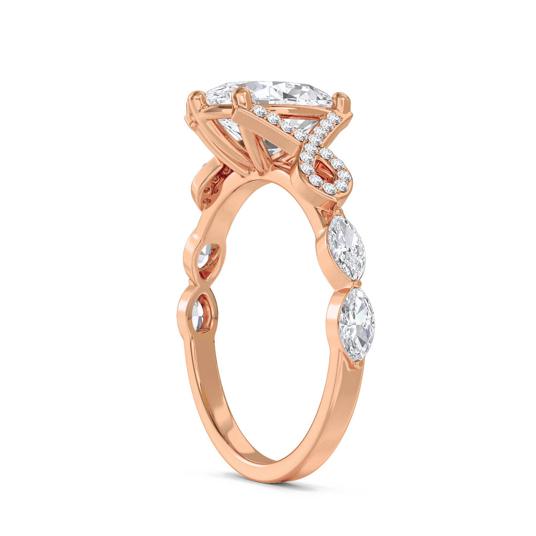 Oval Diamond Ring with Marquise Shoulder Accents - Rose Gold - Pose 2