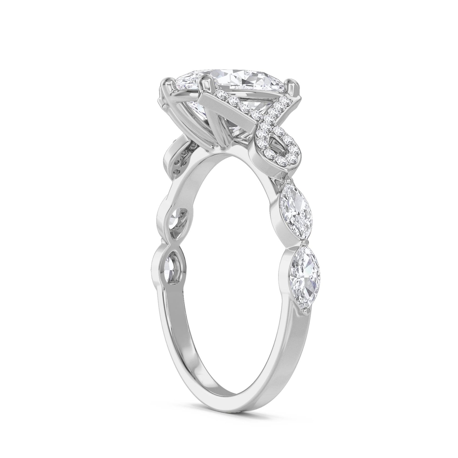 Oval Diamond Ring with Marquise Shoulder Accents - White Gold - Pose 2