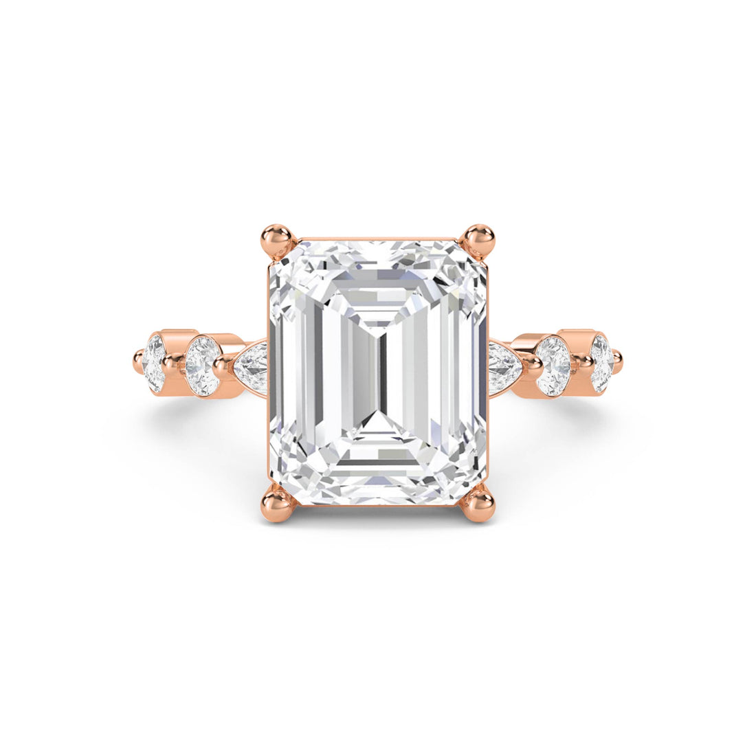 Emerald Cut Diamond Ring with Graduated Diamond Accents - Rose Gold - Pose 1