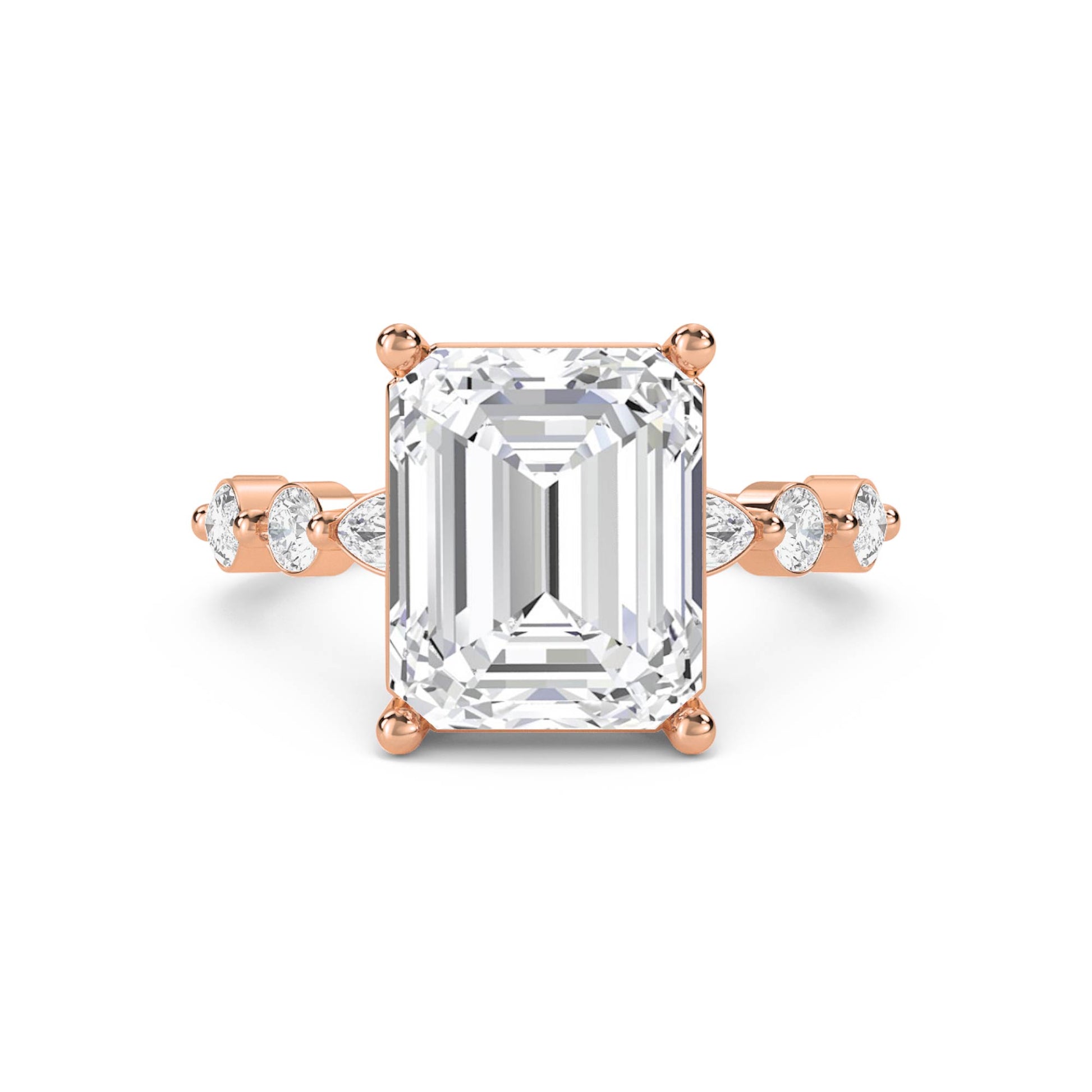 Emerald Cut Diamond Ring with Graduated Diamond Accents - Rose Gold - Pose 1