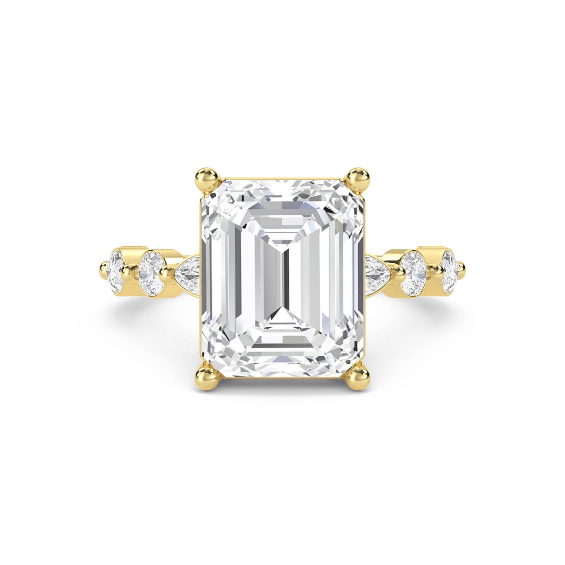 Emerald Cut Diamond Ring with Graduated Diamond Accents - Yellow Gold - Pose 1